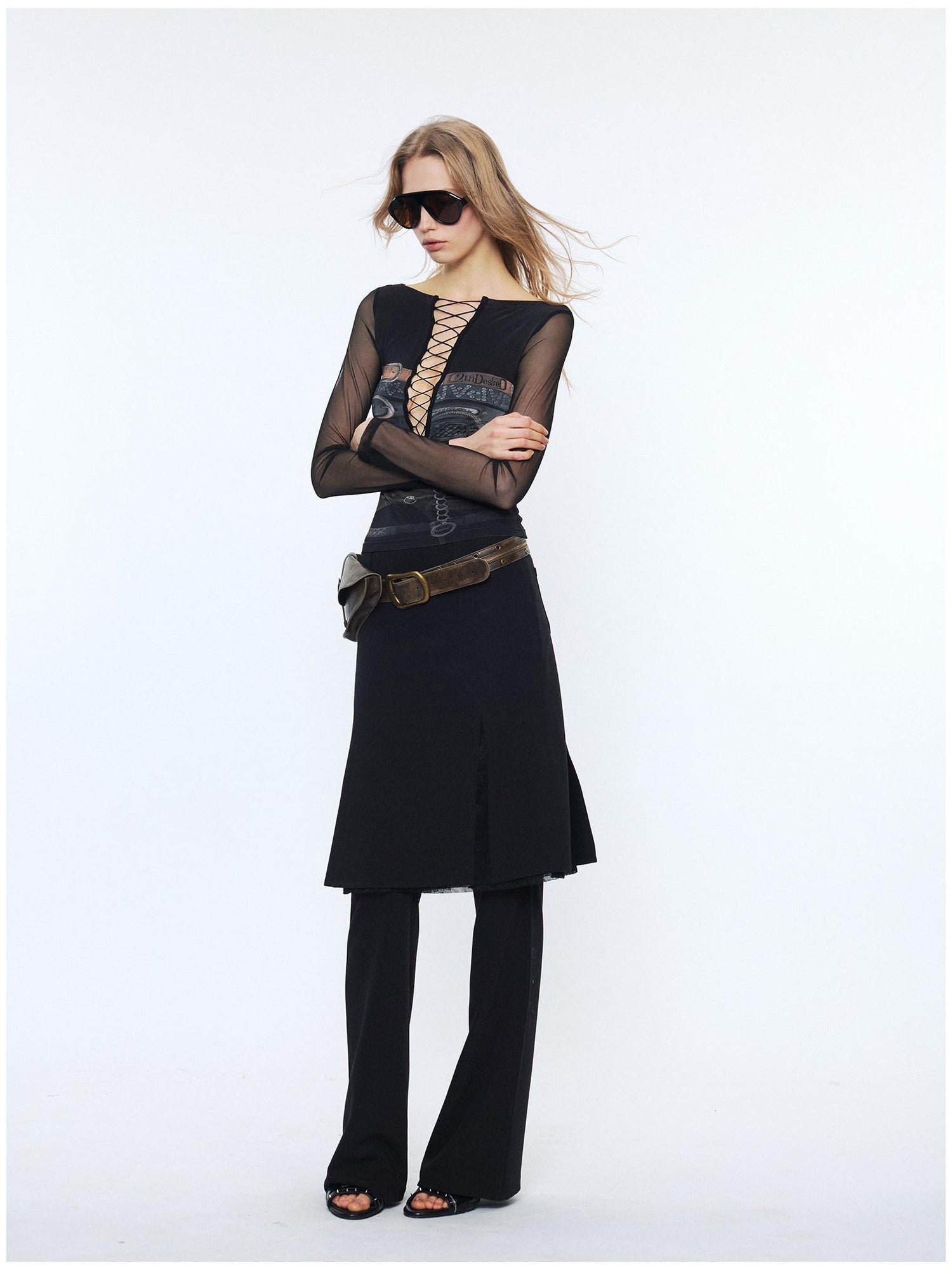 2th Desire Sexy Mesh Splice V-neck Crop Slim Tie Front For Women Print Long Sleeve T-Shirts