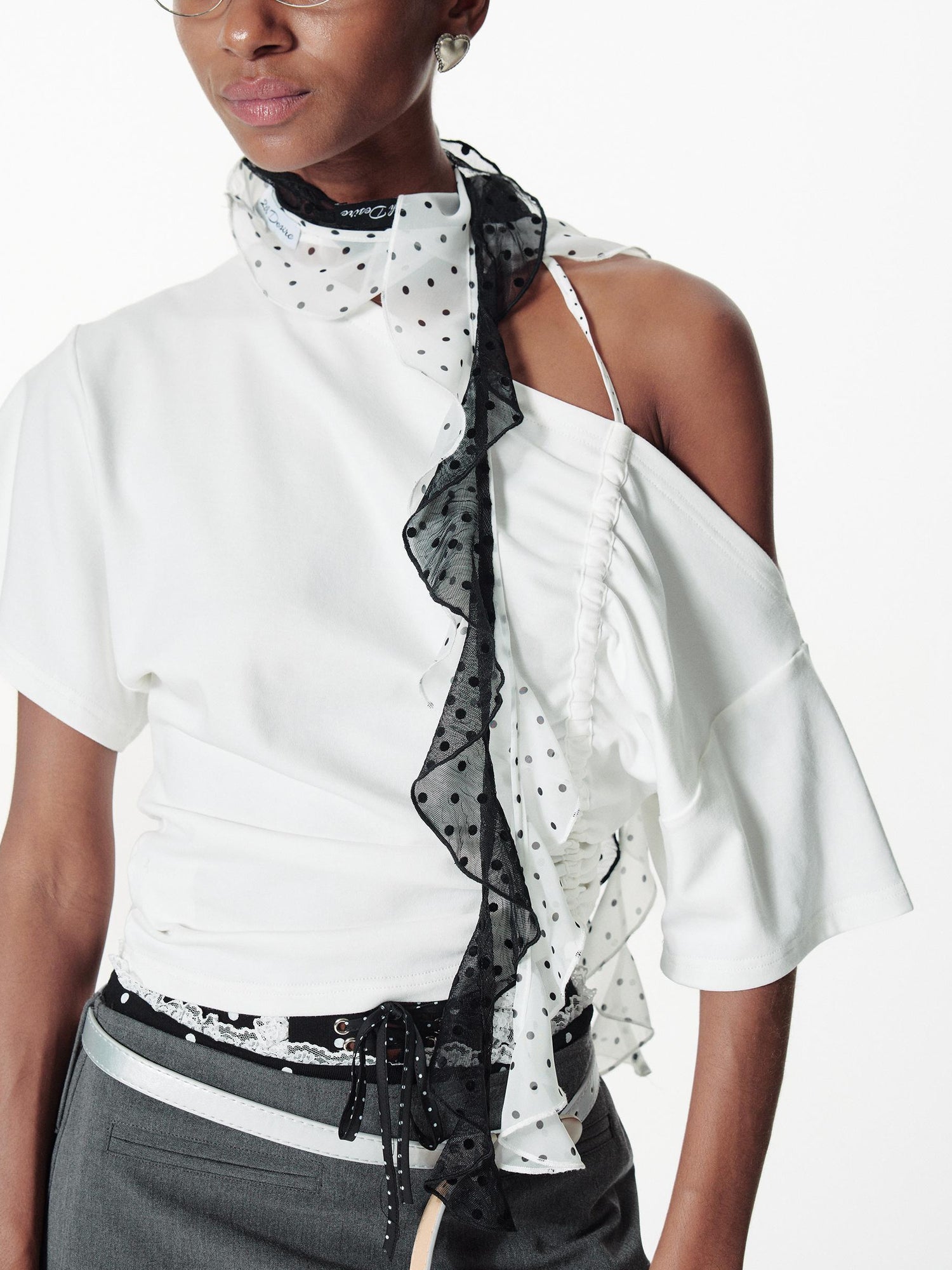 2th Desire Sheer Flocked Polka Dot Chiffon Scarf With Scalloped Edge