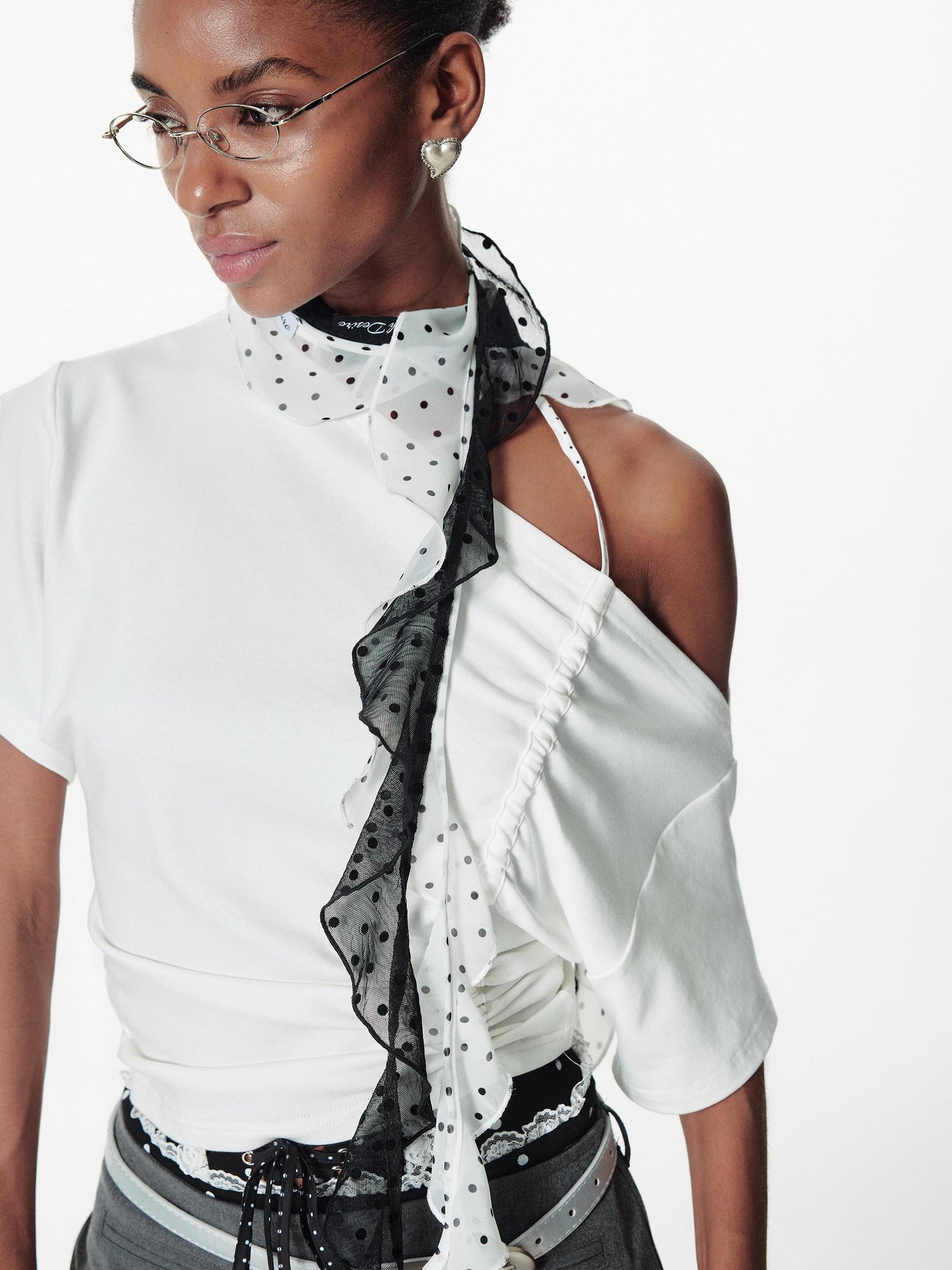 2th Desire Sheer Flocked Polka Dot Chiffon Scarf With Scalloped Edge