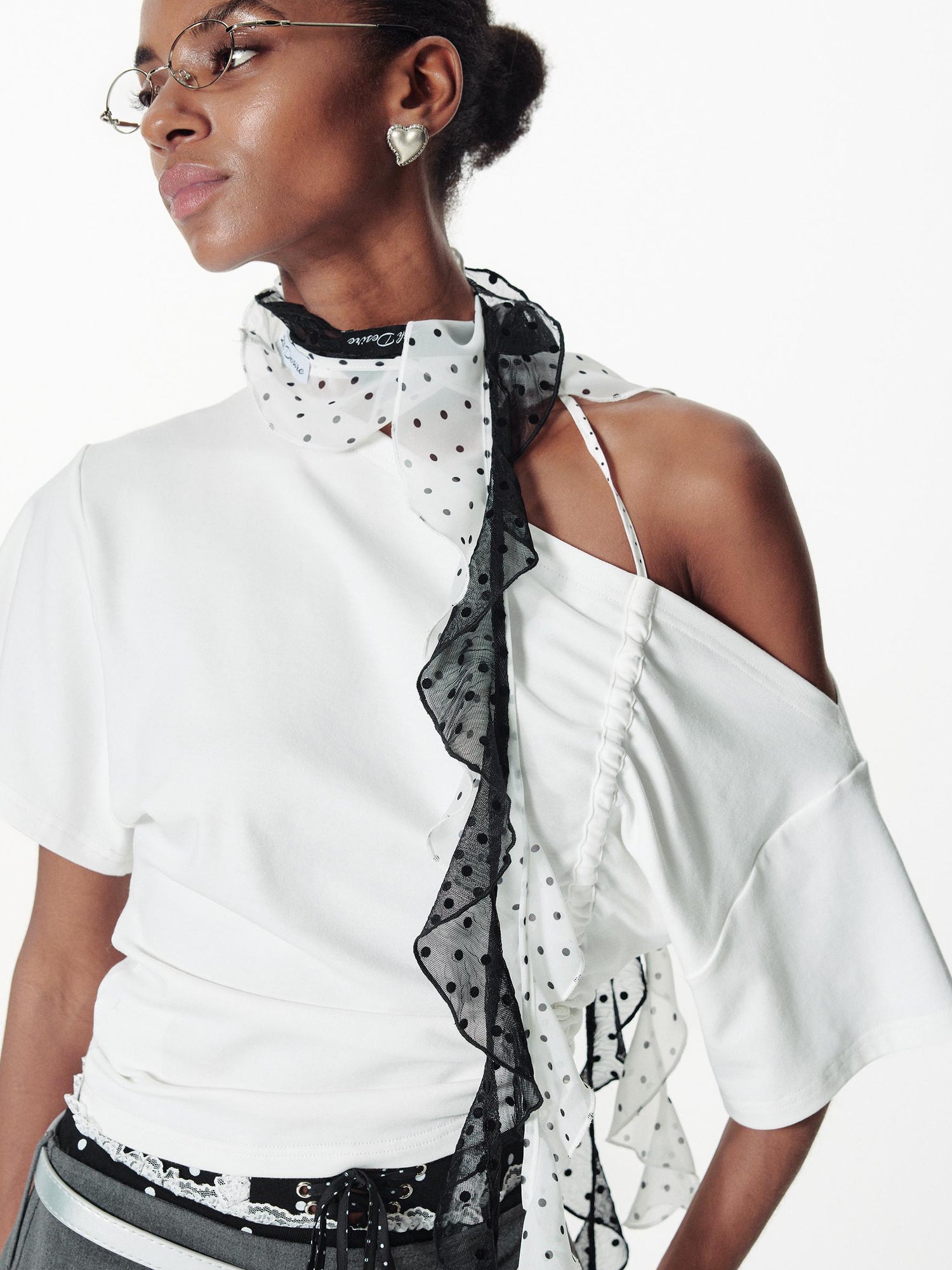 2th Desire Sheer Flocked Polka Dot Chiffon Scarf With Scalloped Edge