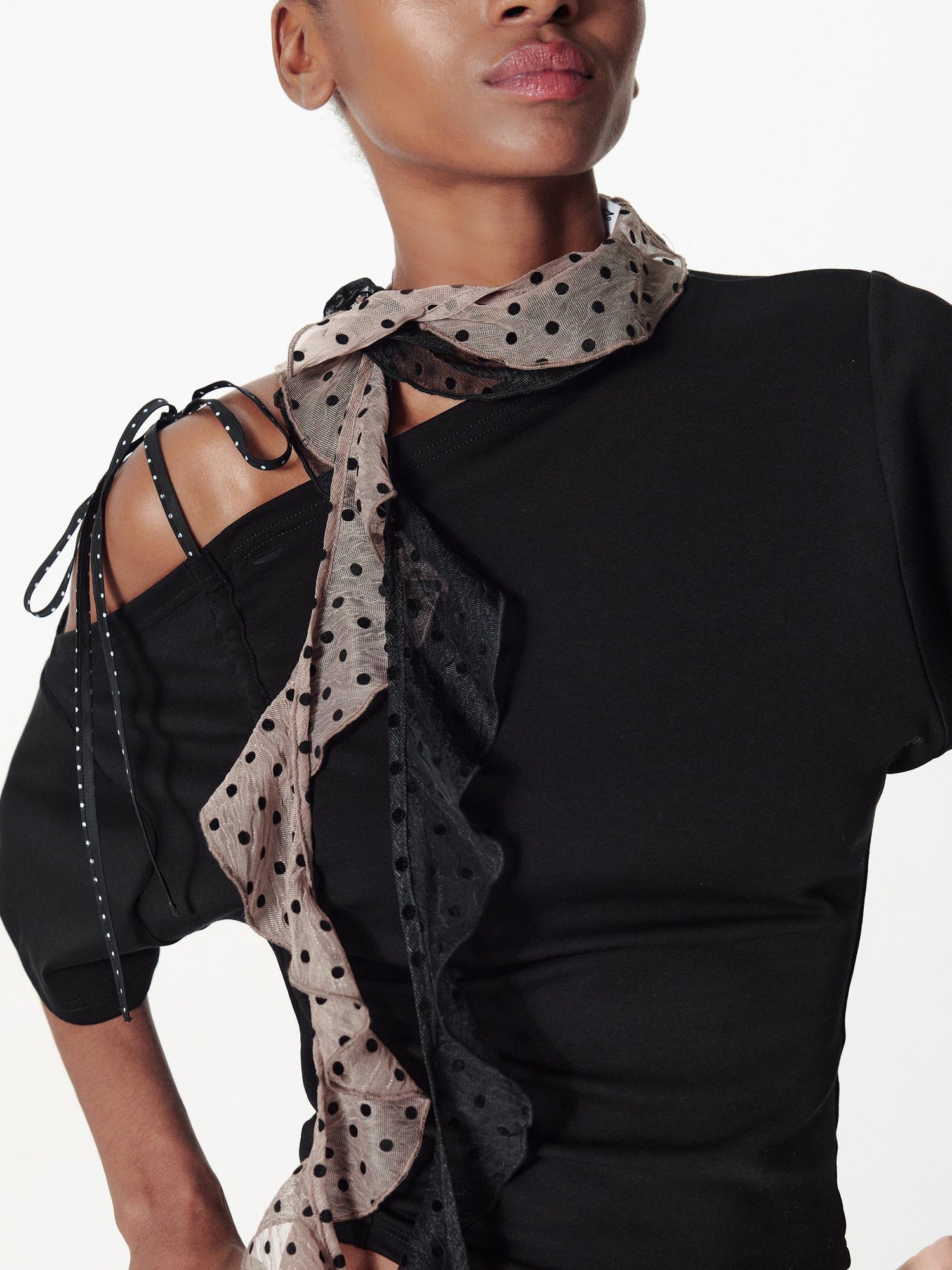 2th Desire Sheer Flocked Polka Dot Chiffon Scarf With Scalloped Edge