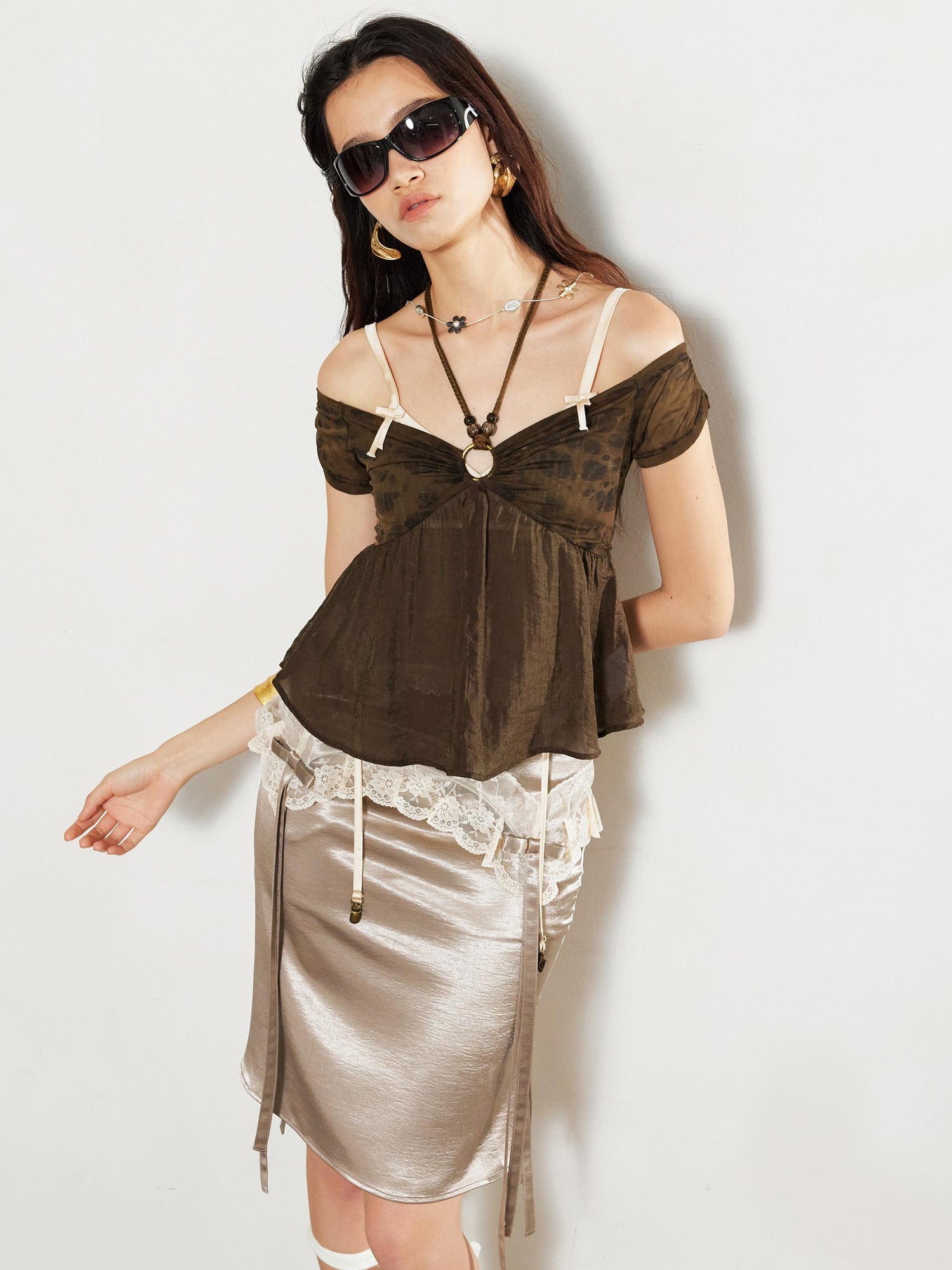 2th Desire Sheer Leopard Print Off Shoulder Beaded Crop Top