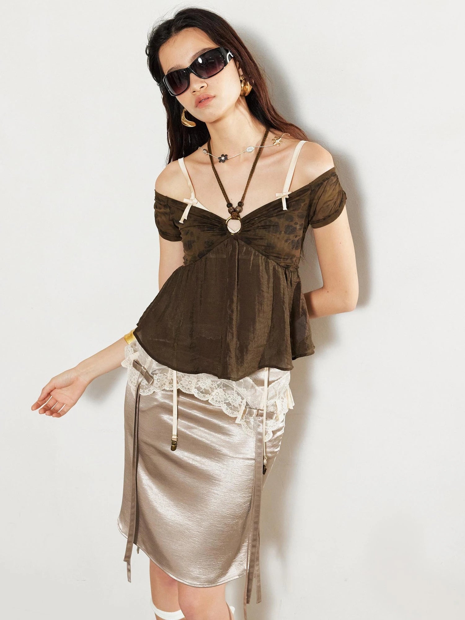 Sheer Leopard Print Off Shoulder Beaded Crop Top