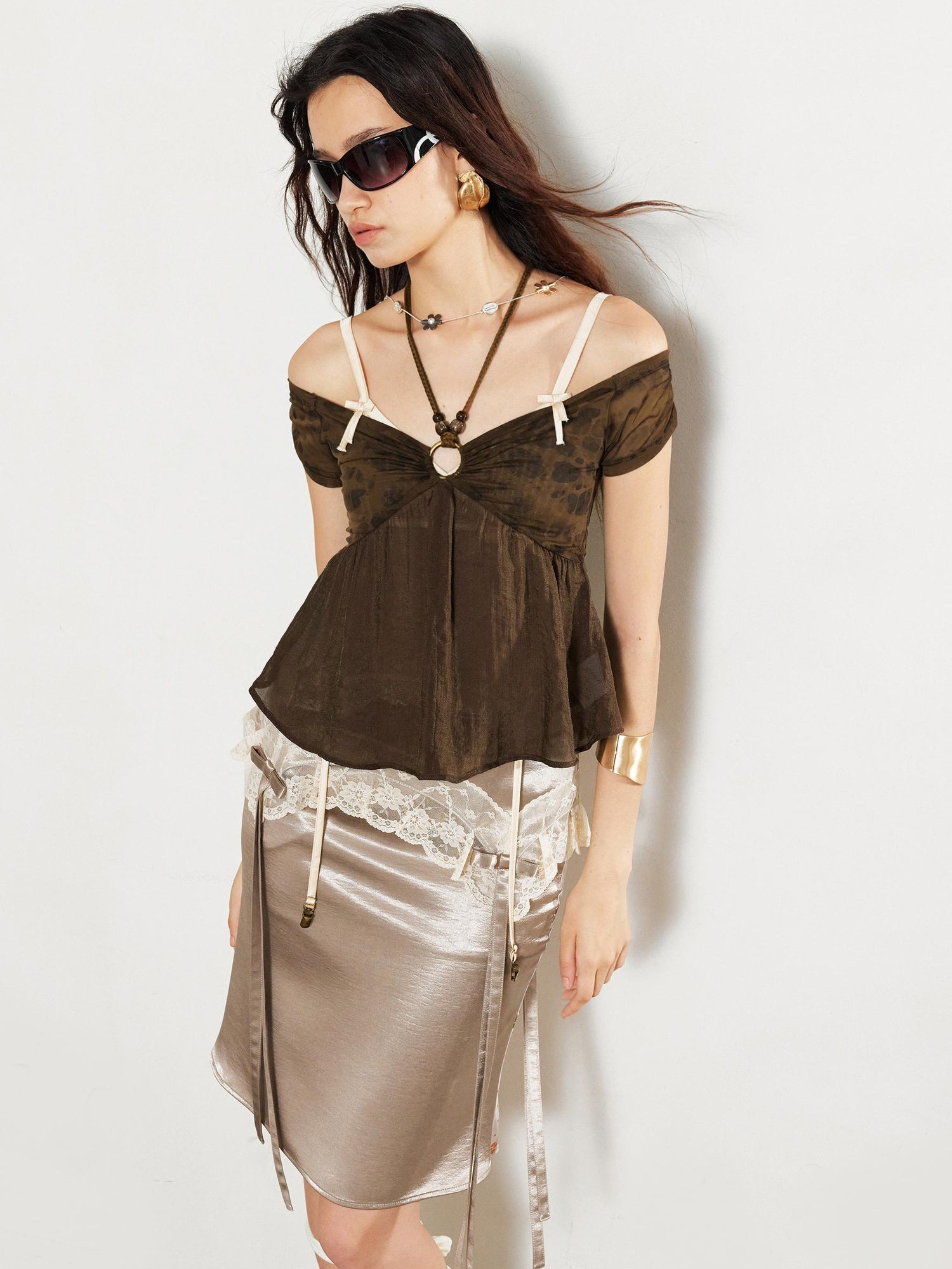 2th Desire Sheer Leopard Print Off Shoulder Beaded Crop Top