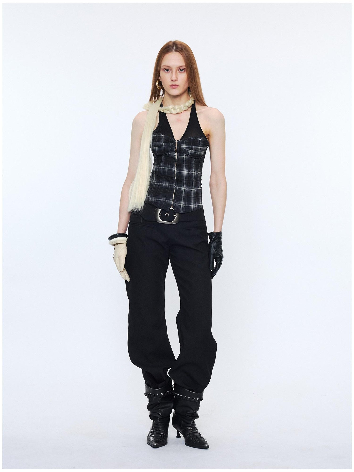 2th Desire Sheer Mesh V-neck Slim Fit Cropped Plaid Zipper Front Tank For Women Camisoles