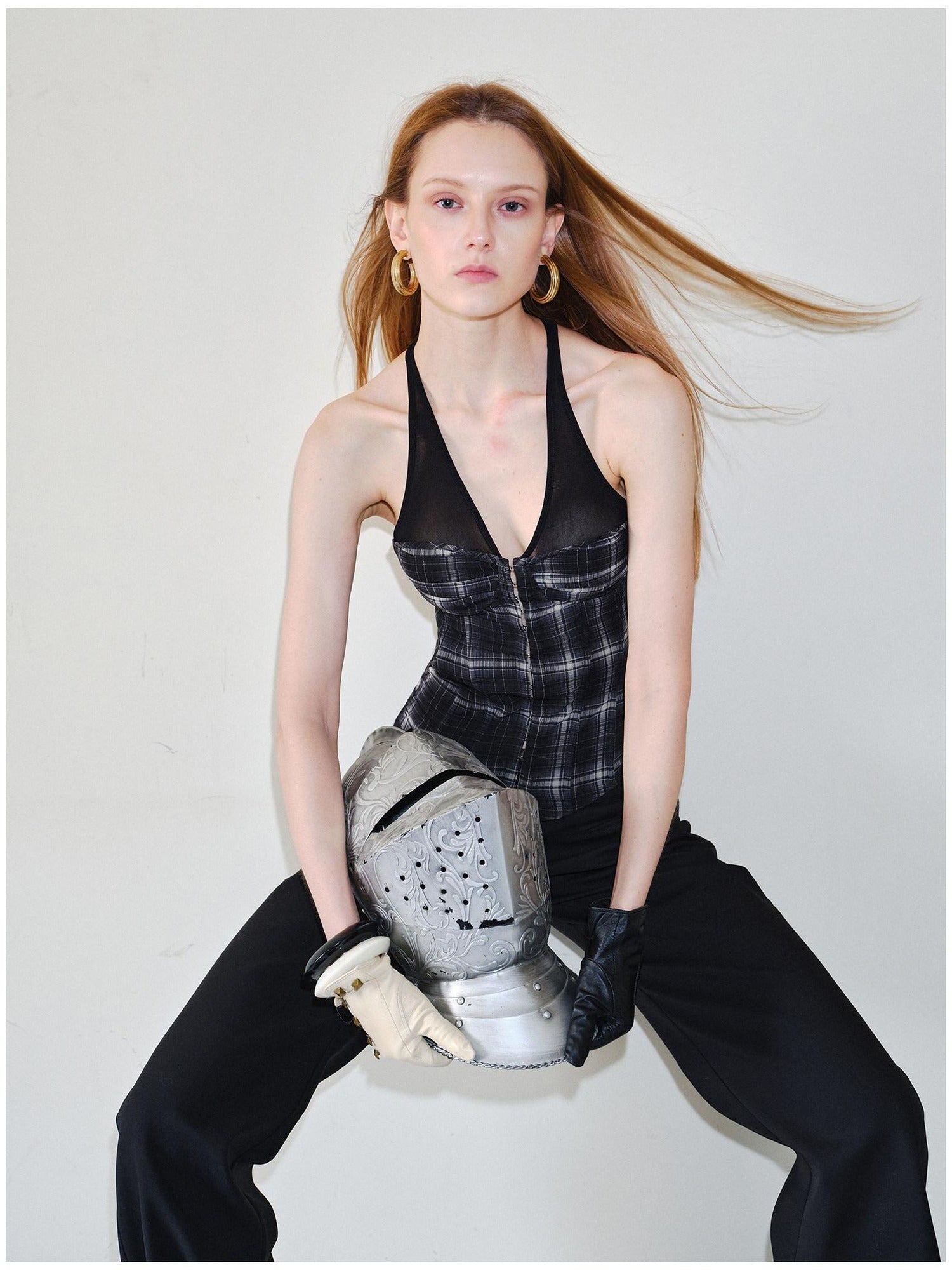 2th Desire Sheer Mesh V-neck Slim Fit Cropped Plaid Zipper Front Tank For Women Camisoles