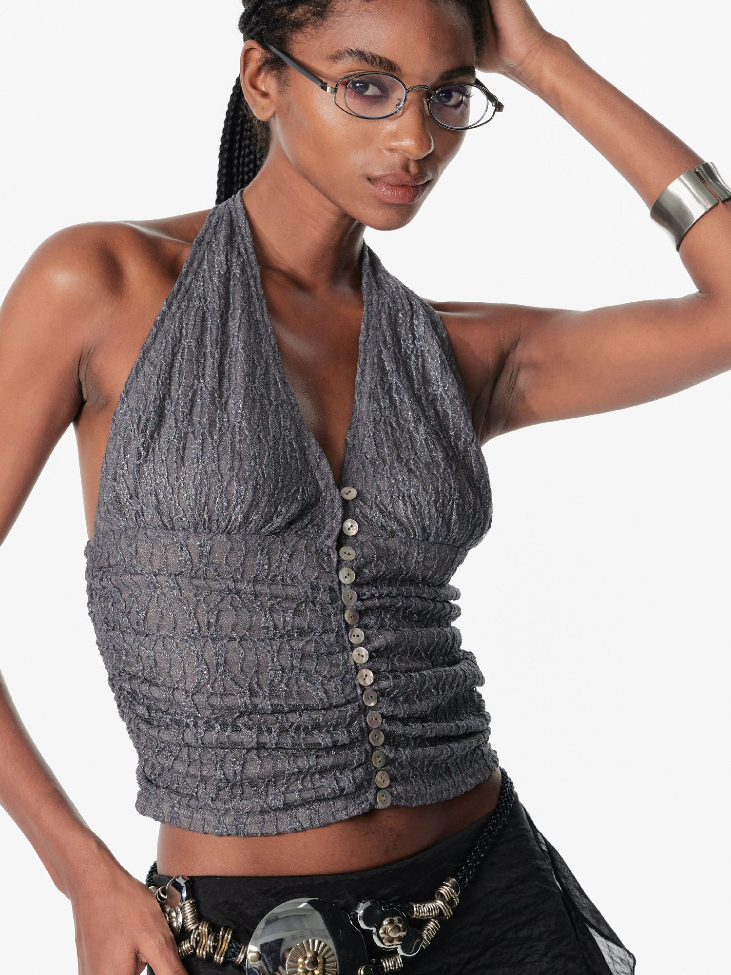 2th Desire Shiny Crinkled Leopard Print Shell Button Off Shoulder Top