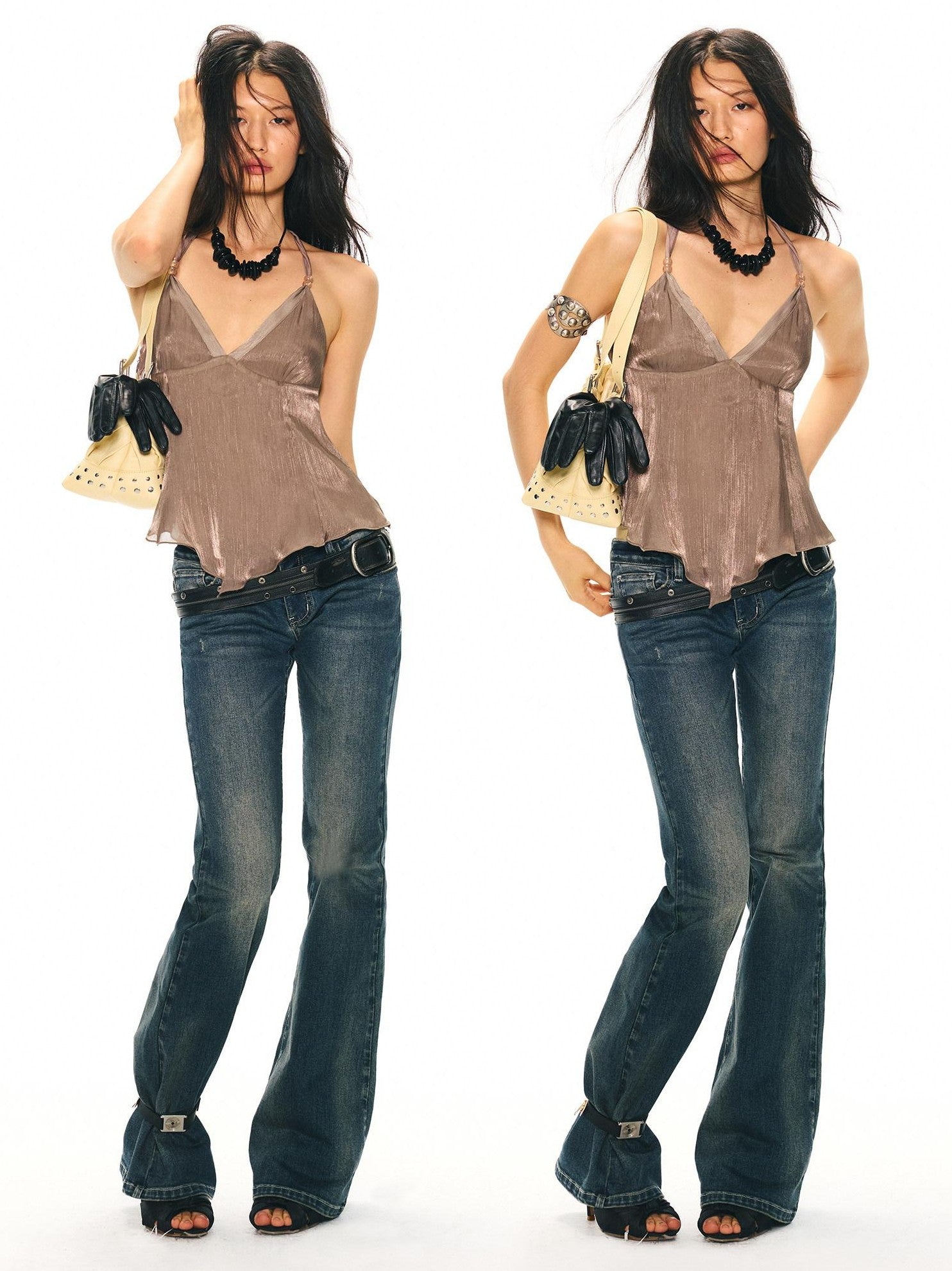 2th Desire Shiny Metallic Beaded Halter Backless V-neck Women&
