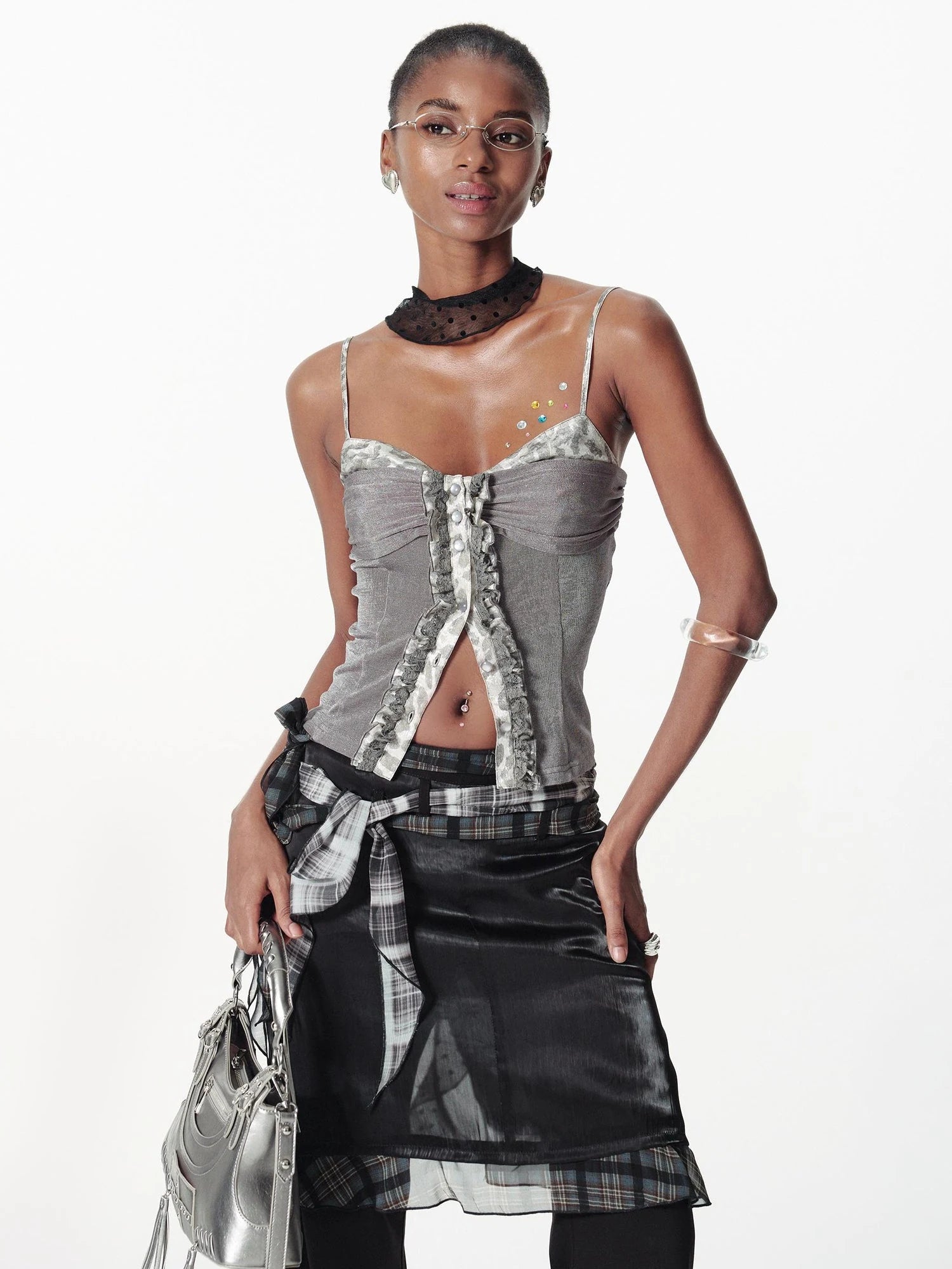 Slim Glitter Leopard Lace Trim Knit Camisole