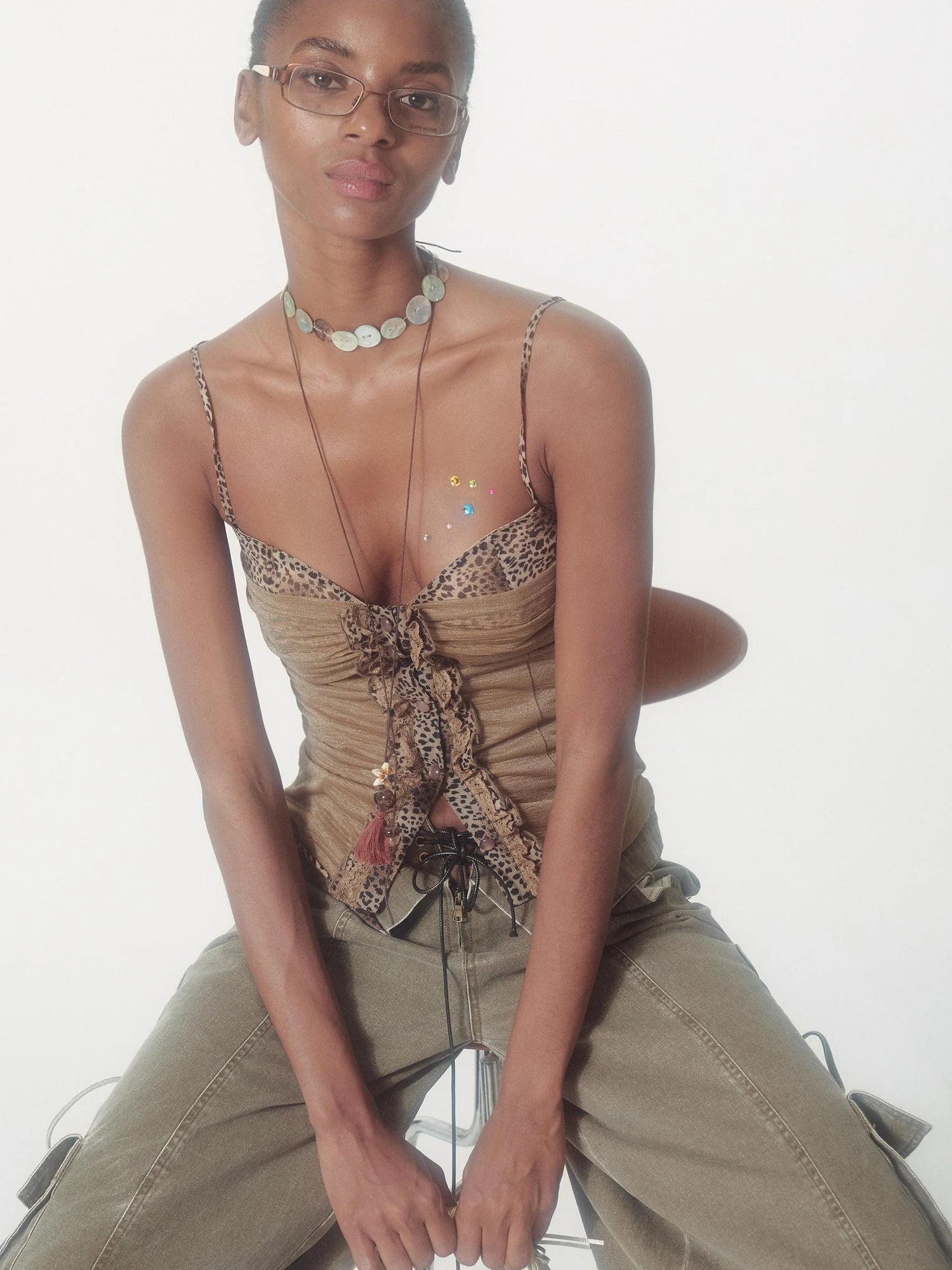 Slim Glitter Leopard Lace Trim Knit Camisole