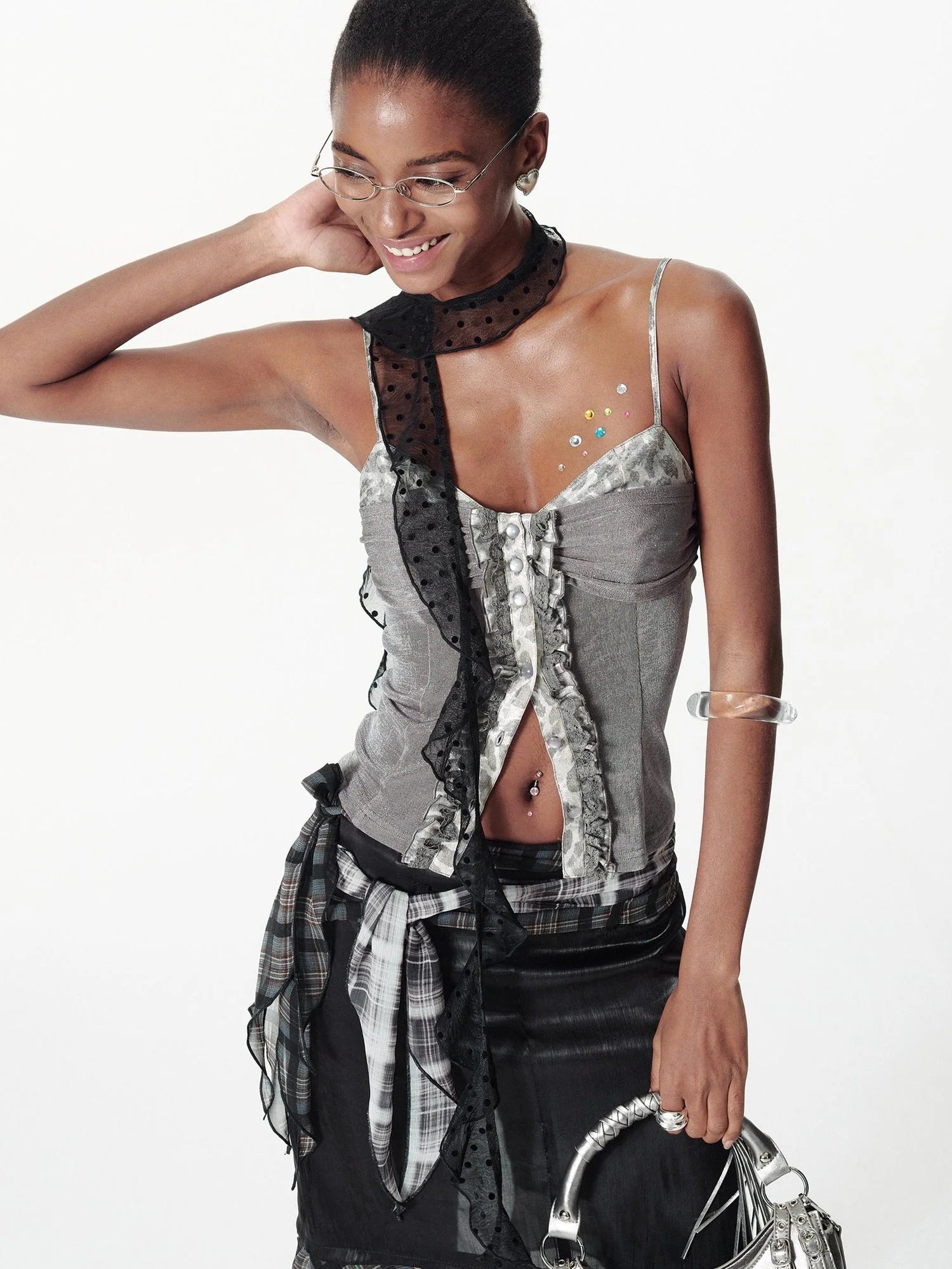 Slim Glitter Leopard Lace Trim Knit Camisole