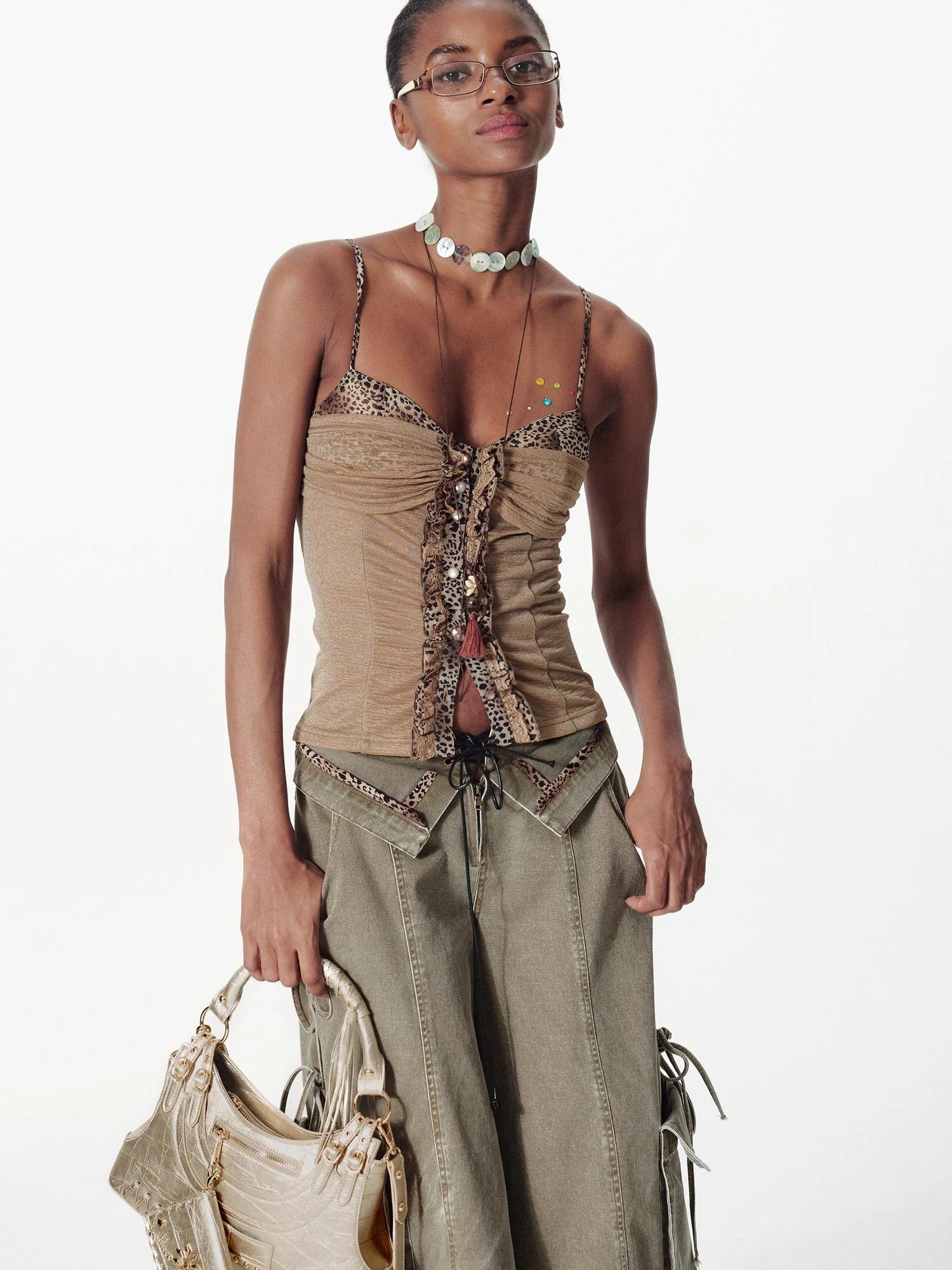 Slim Glitter Leopard Lace Trim Knit Camisole