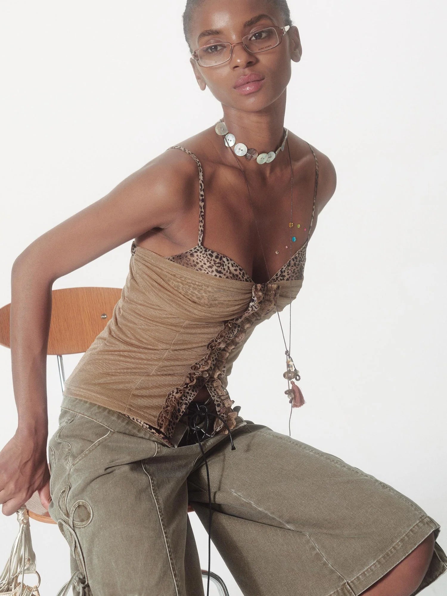 Slim Glitter Leopard Lace Trim Knit Camisole