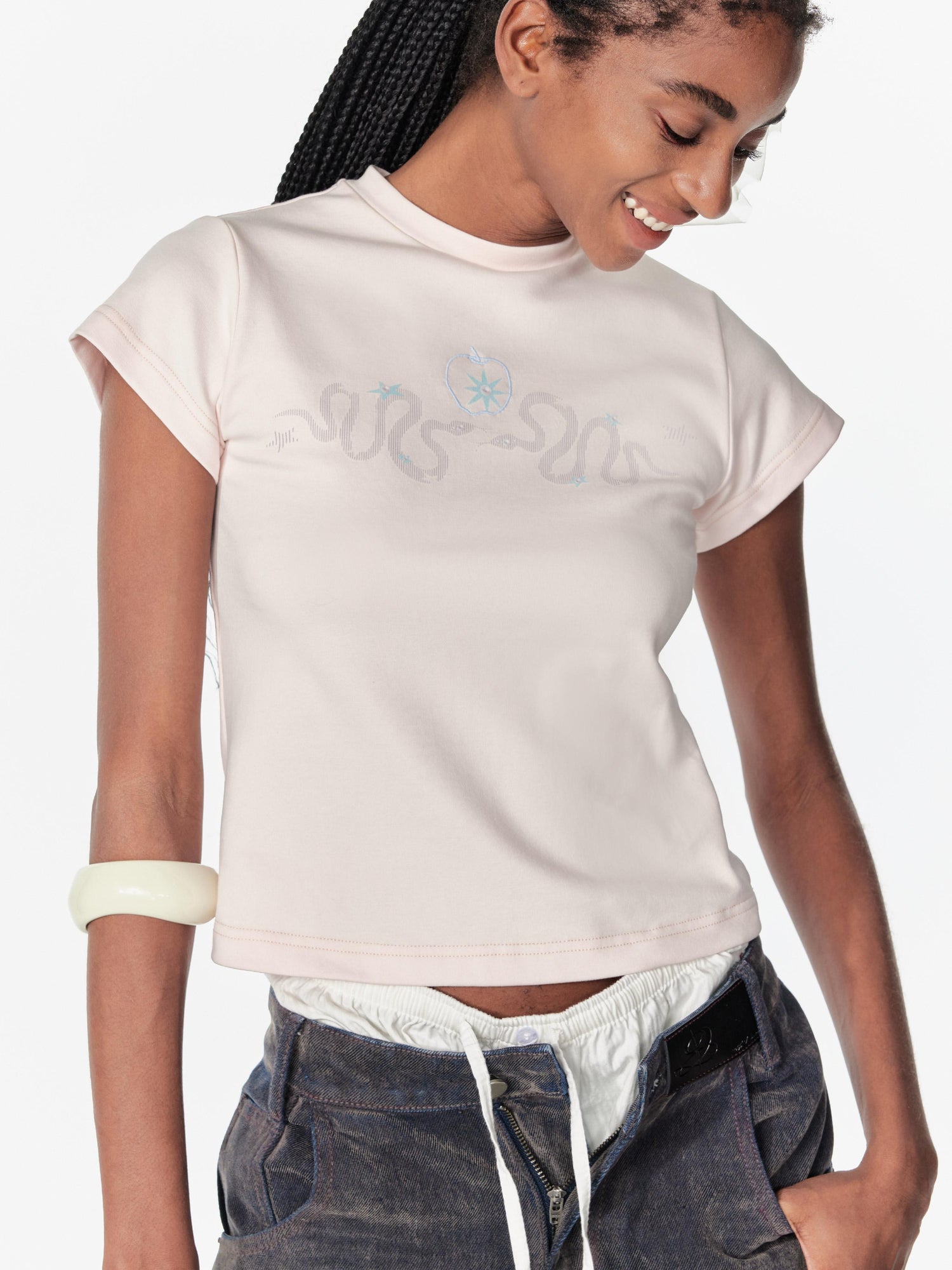 2th Desire Snake Year Punk Embroidery Print Cotton T-Shirt