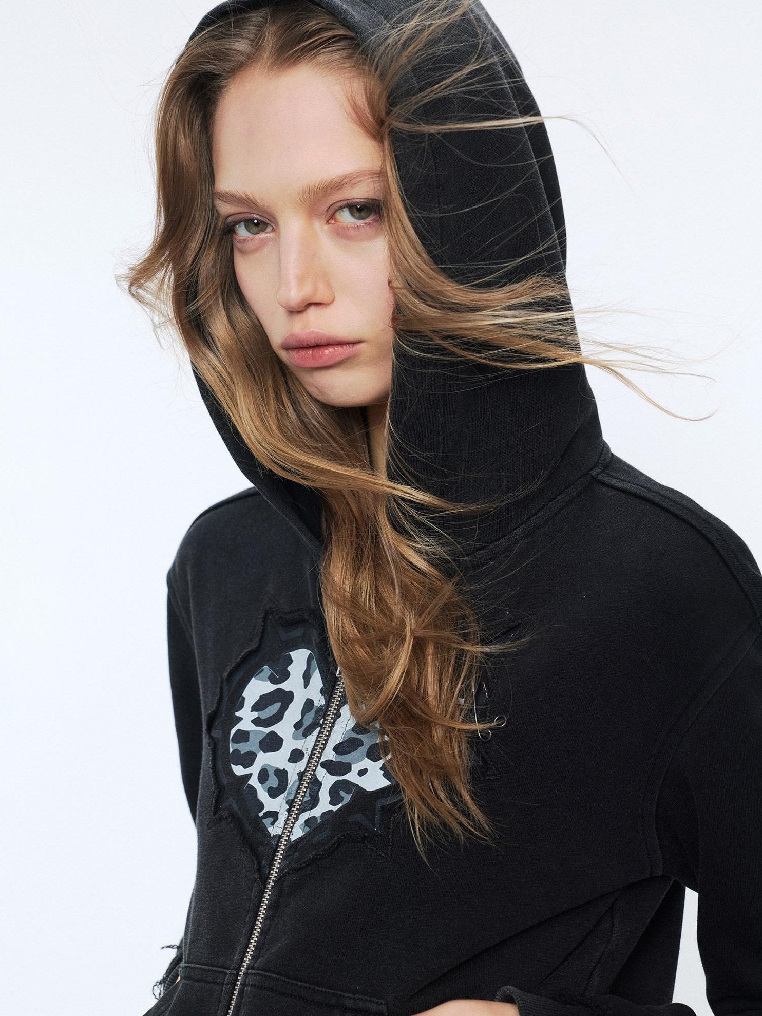 2th Desire Soft Stretch Cotton Regular Cropped Zip Long Sleeve Women Heart Print Hoodies