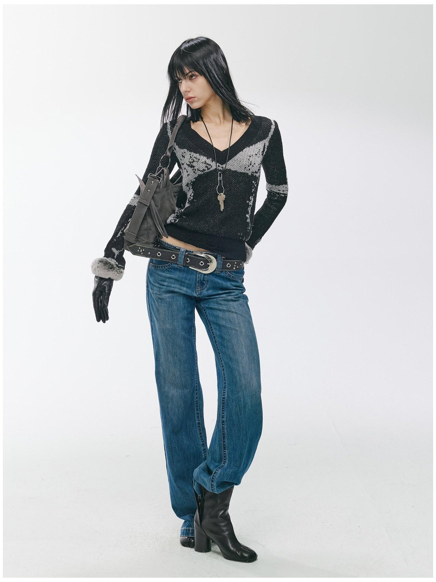 2th Desire Soft Wool Blend Colorblock Punk V-neck Pullover Women Knitwear Sweaters