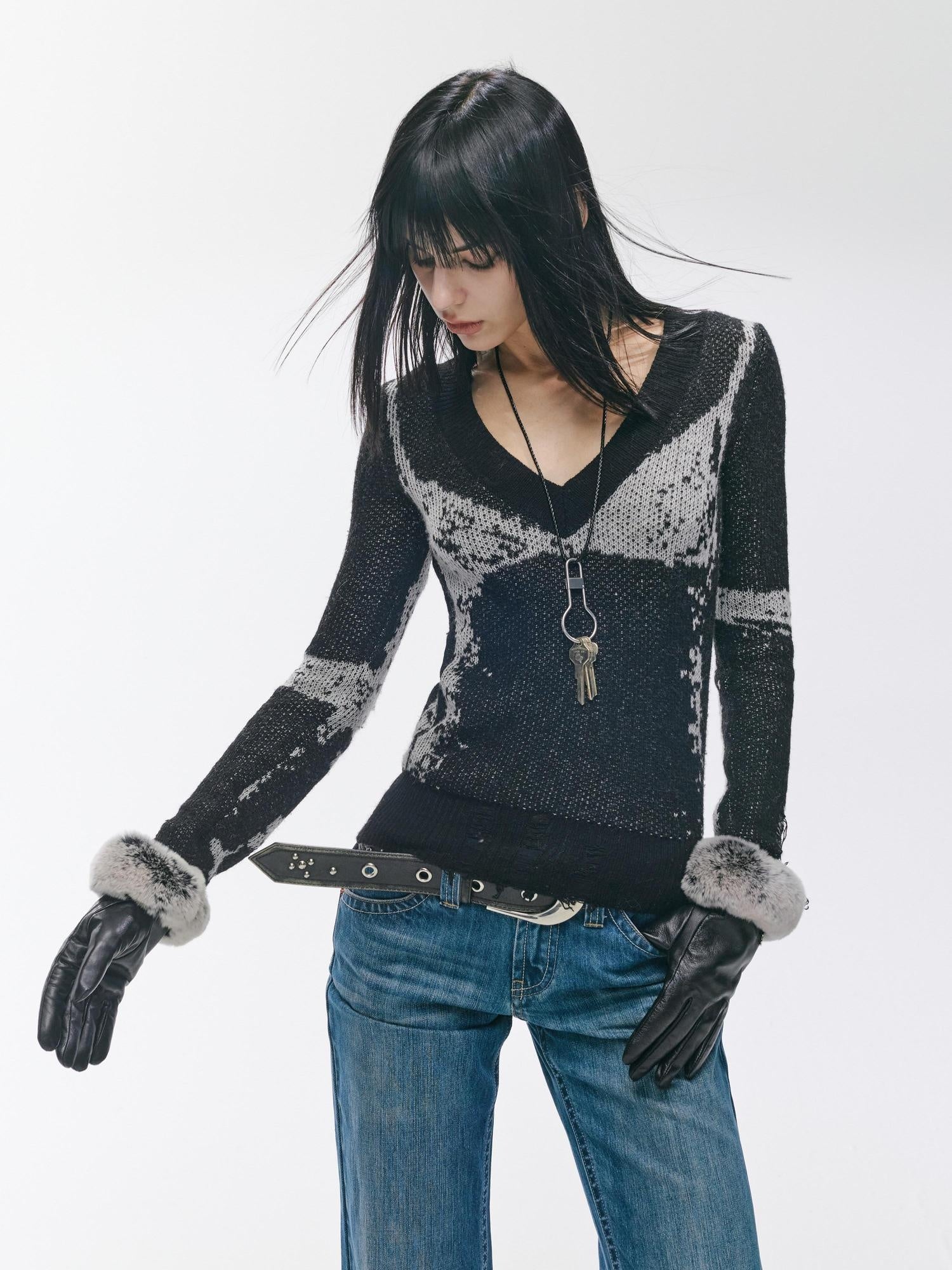 2th Desire Soft Wool Blend Colorblock Punk V-neck Pullover Women Knitwear Sweaters