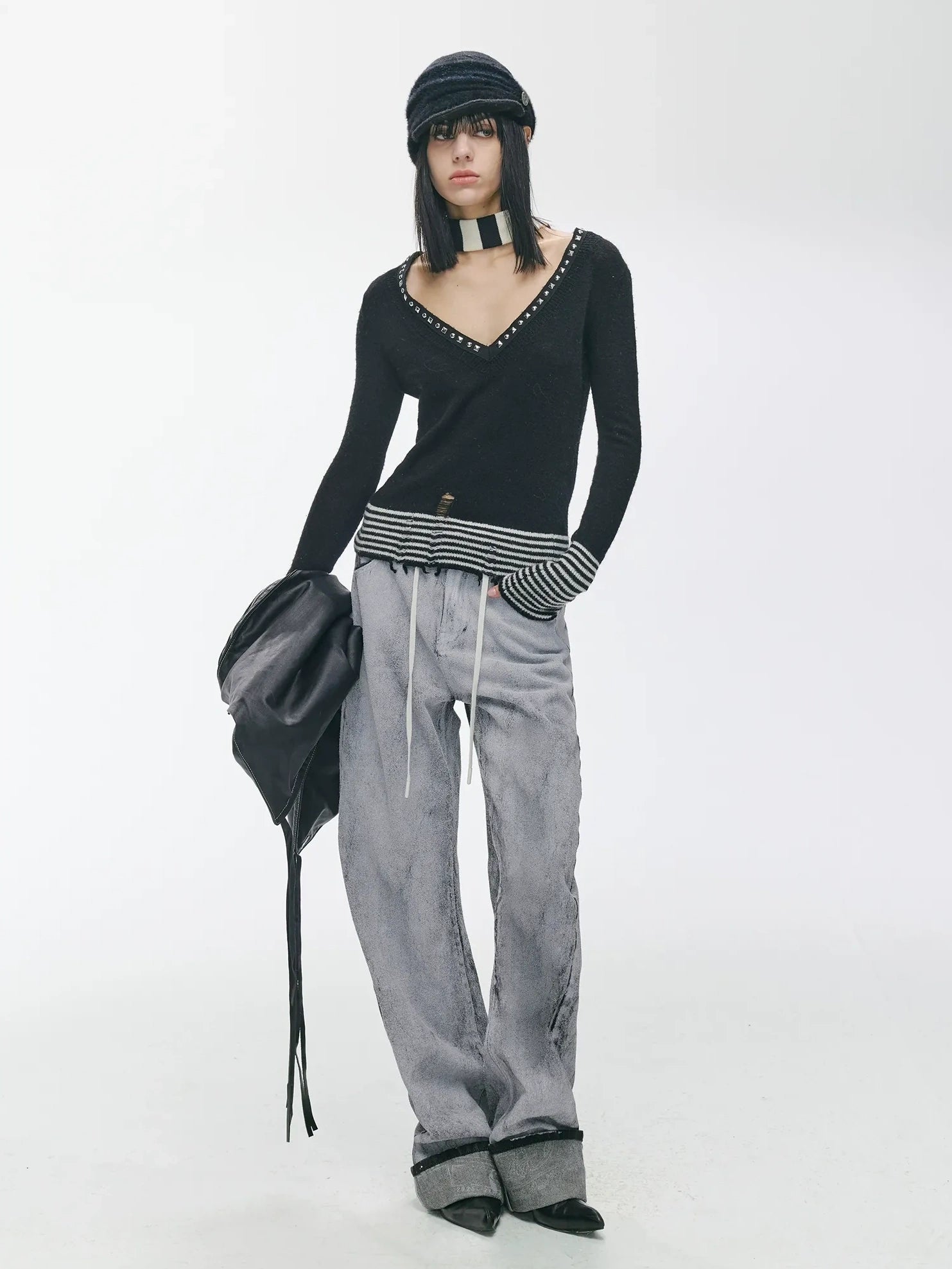 2th Desire Soft Wool Knit V Neck Vintage Slim Fit Black Striped Women Pullover Sweater