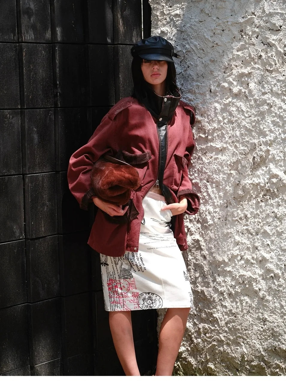 2th Desire Spliced Satin Knee Length Straight Skirt With Print Skirt