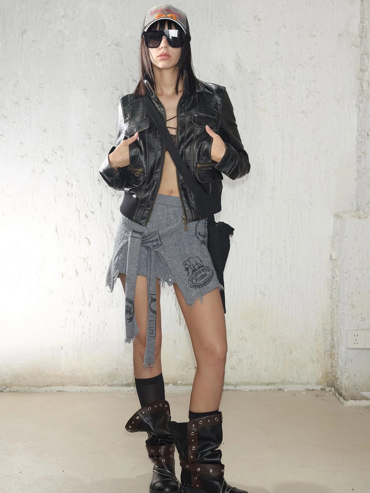 Street Feel Torn Edge Knit Print Drawstring Asymmetrical Mini Skirt