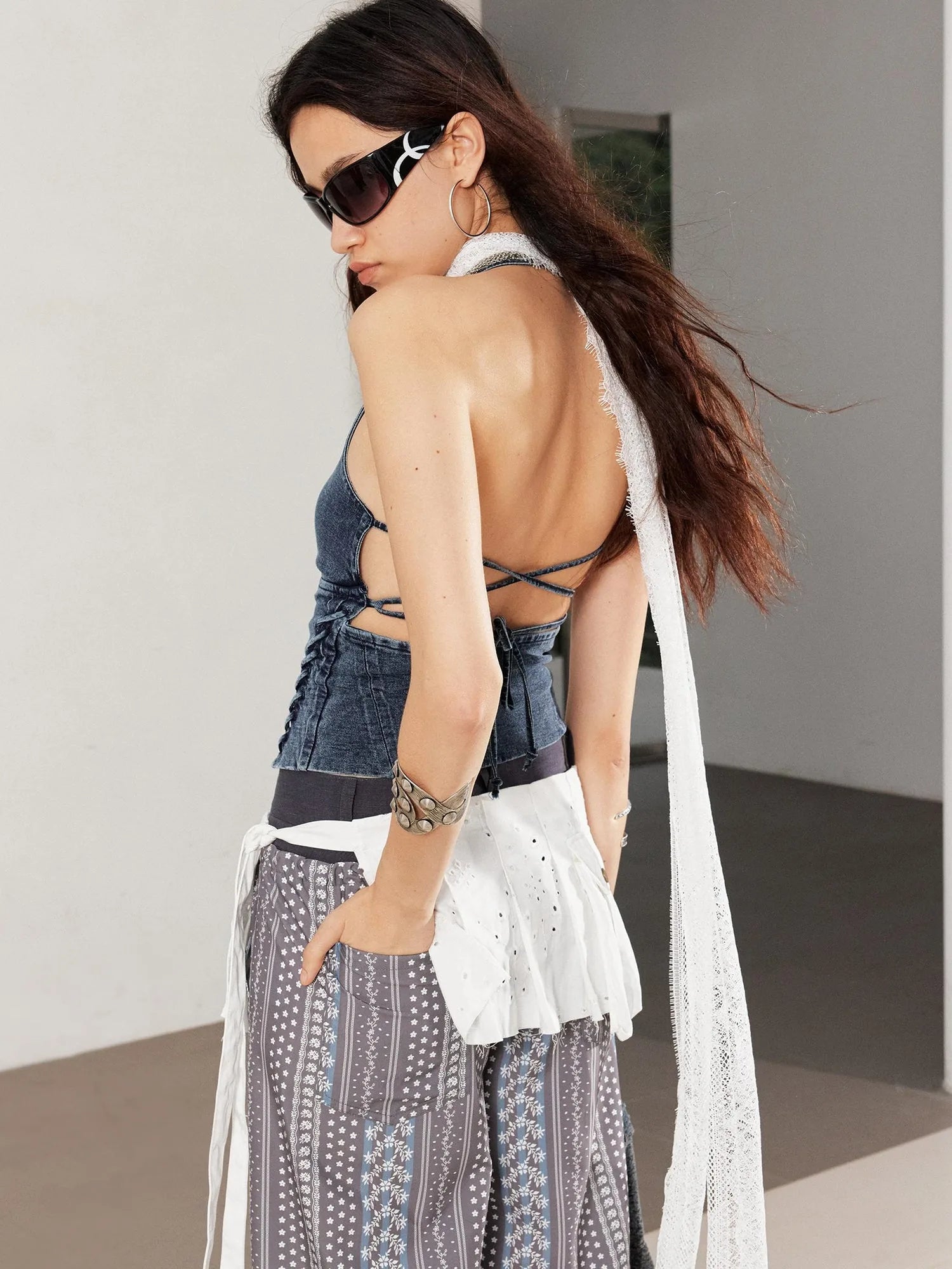 Stretch Washed Distressed Denim Cross Back Lace Up Bralette Top