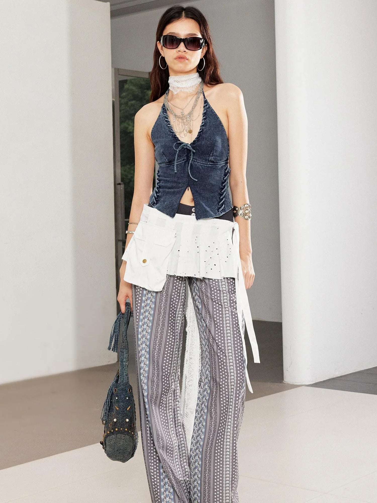 Stretch Washed Distressed Denim Cross Back Lace Up Bralette Top