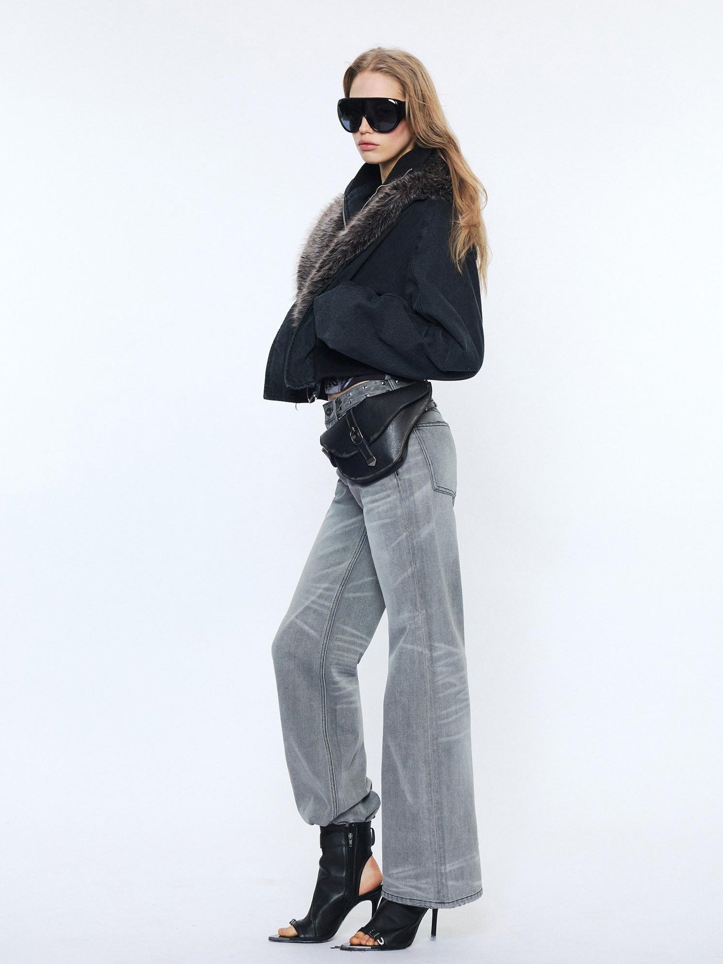2th Desire Studded Punk Rivet Natural Waist Button Fly Gray Cotton Women Straight Jeans