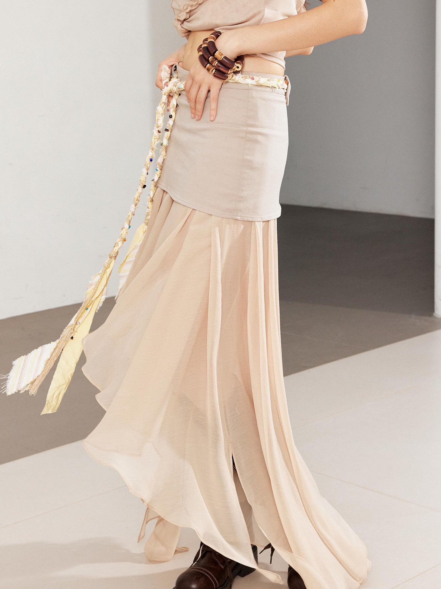2th Desire Textured Pleated Plaid Mesh Asym Hem Chiffon Maxi Skirt