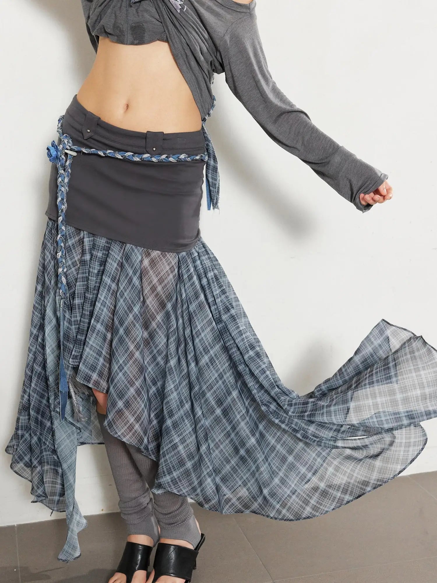 Textured Pleated Plaid Mesh Asym Hem Chiffon Maxi Skirt