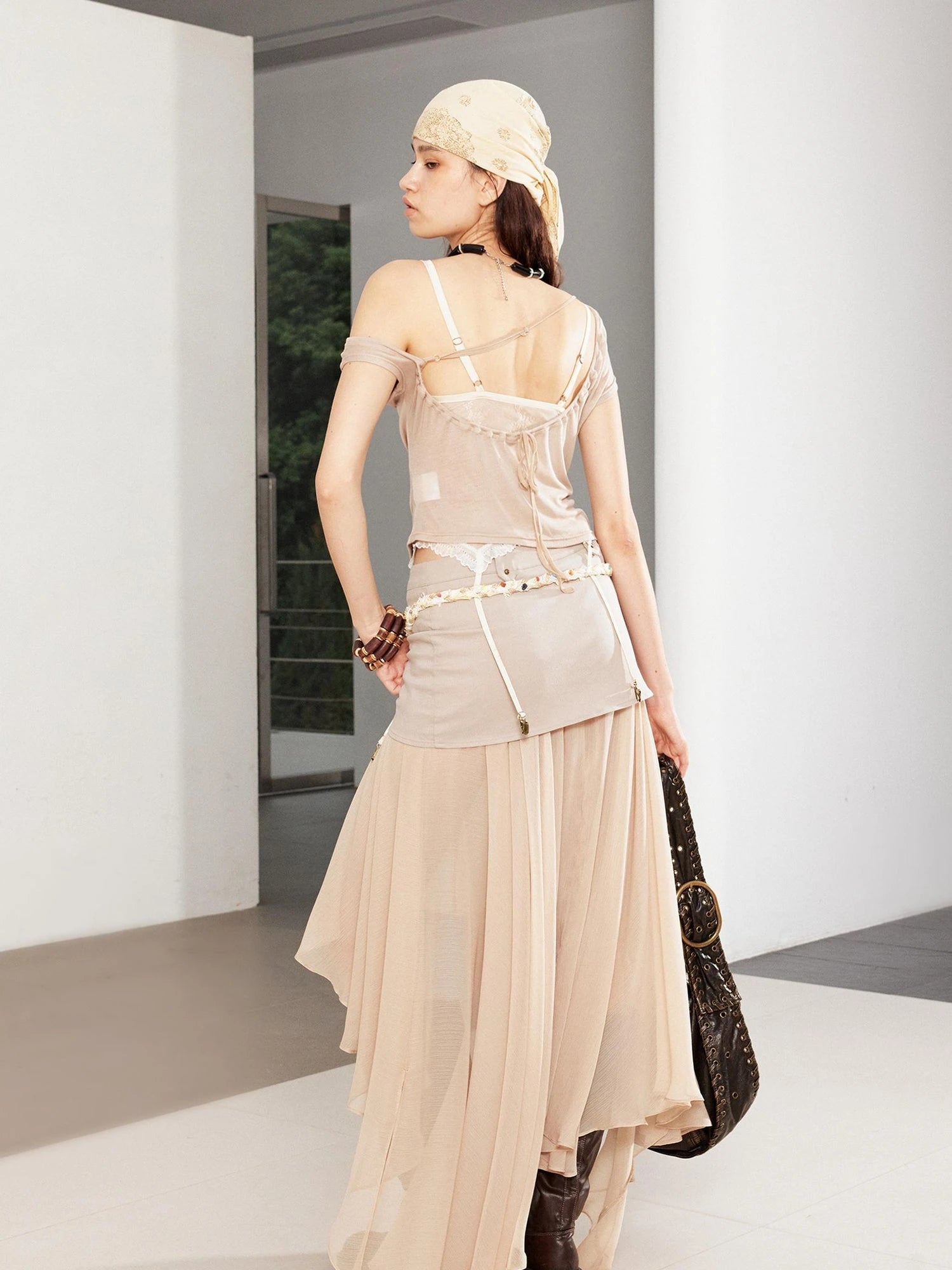 Textured Pleated Plaid Mesh Asym Hem Chiffon Maxi Skirt