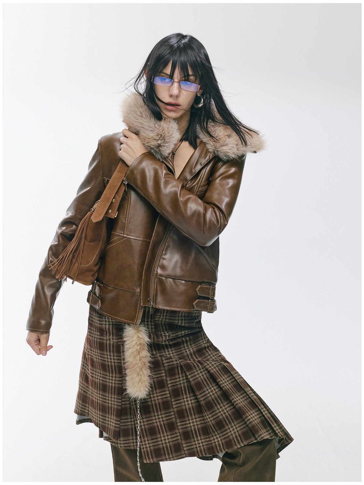 2th Desire Thick Detachable Fur Punk Straight Short Zipper Women Polyester Leather Jackets