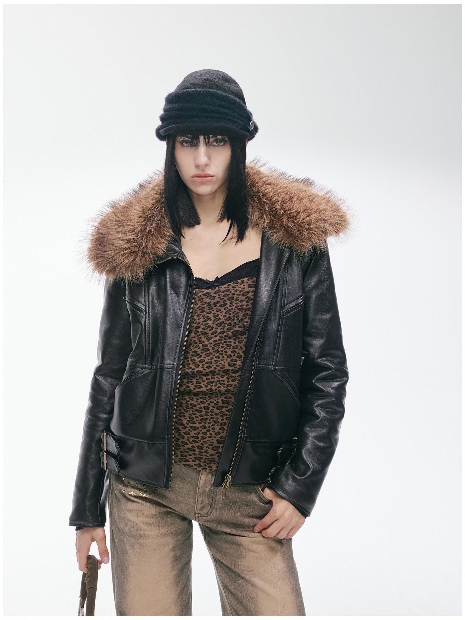 2th Desire Thick Detachable Fur Punk Straight Short Zipper Women Polyester Leather Jackets