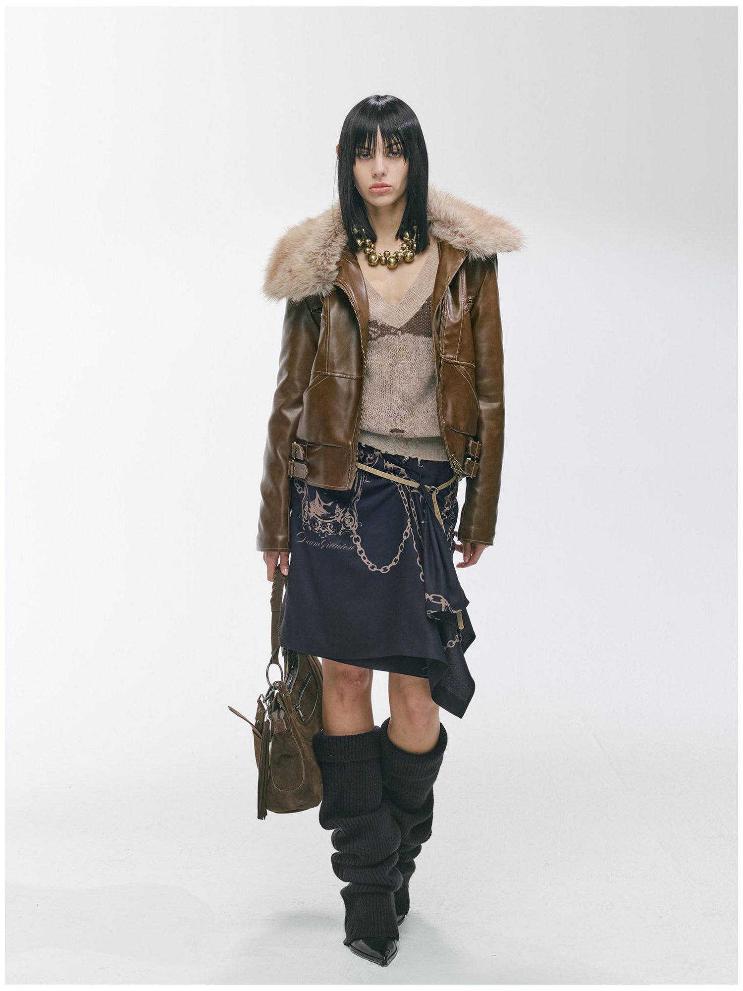 2th Desire Thick Detachable Fur Punk Straight Short Zipper Women Polyester Leather Jackets