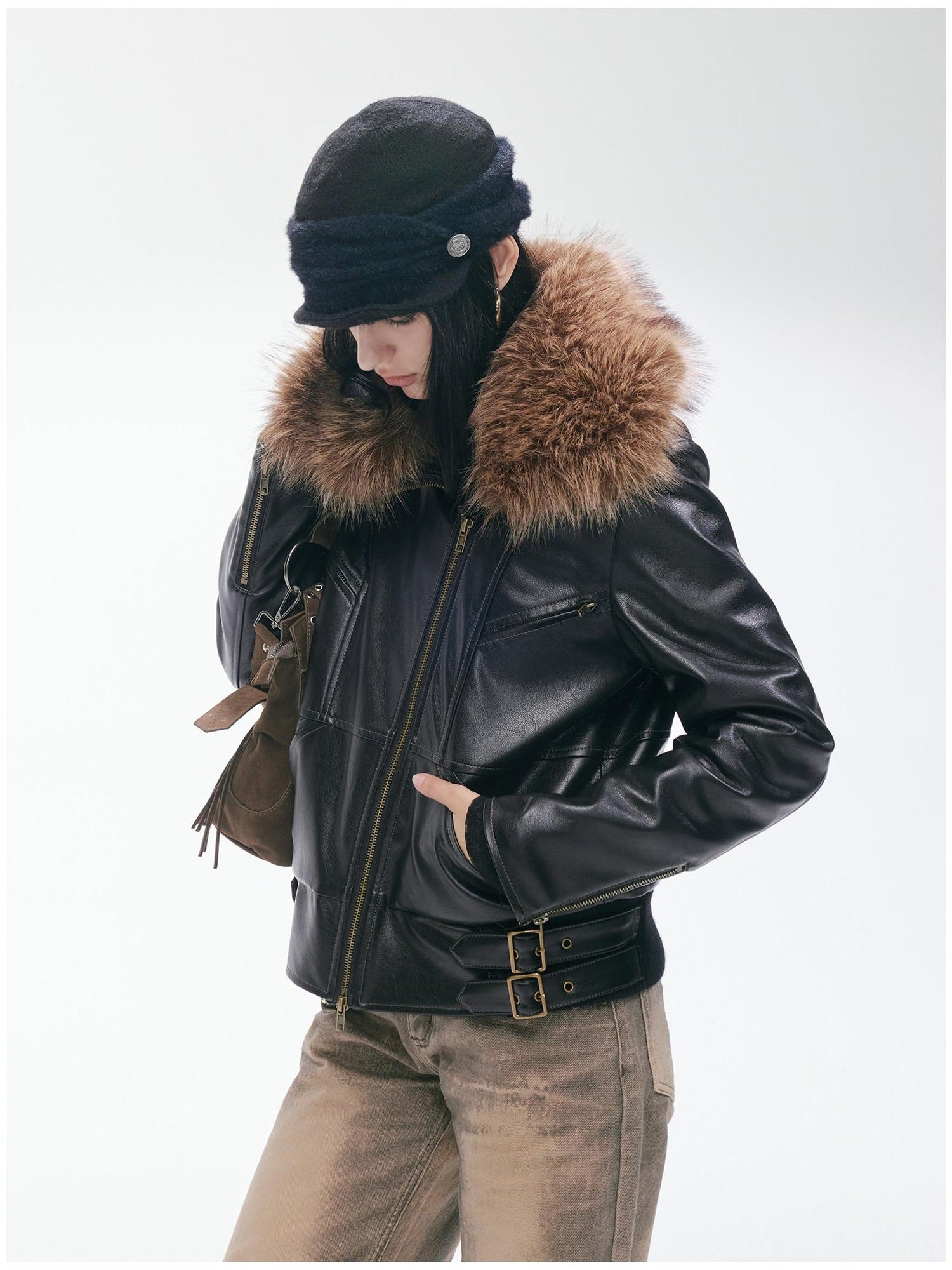 2th Desire Thick Detachable Fur Punk Straight Short Zipper Women Polyester Leather Jackets