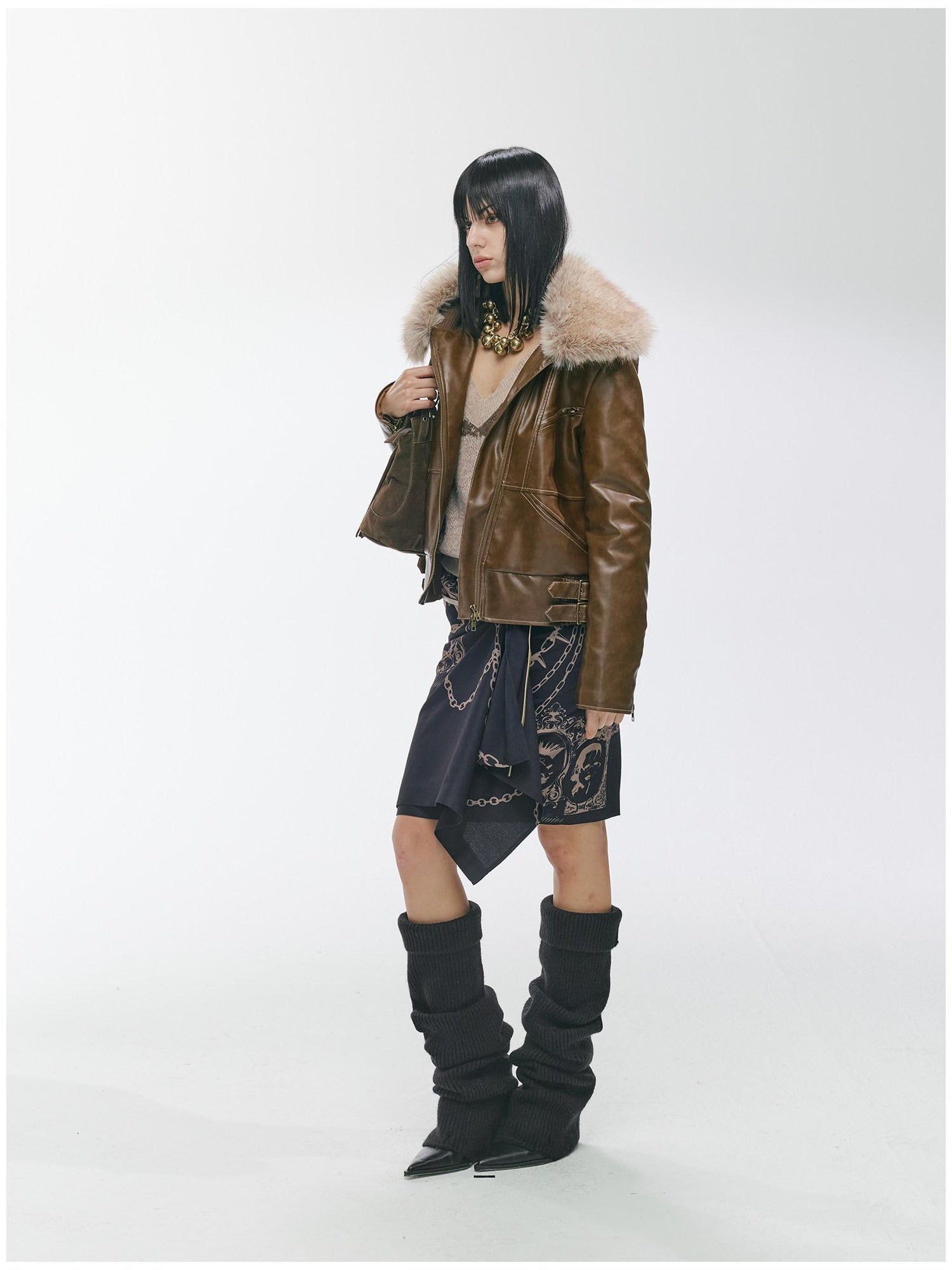 2th Desire Thick Detachable Fur Punk Straight Short Zipper Women Polyester Leather Jackets