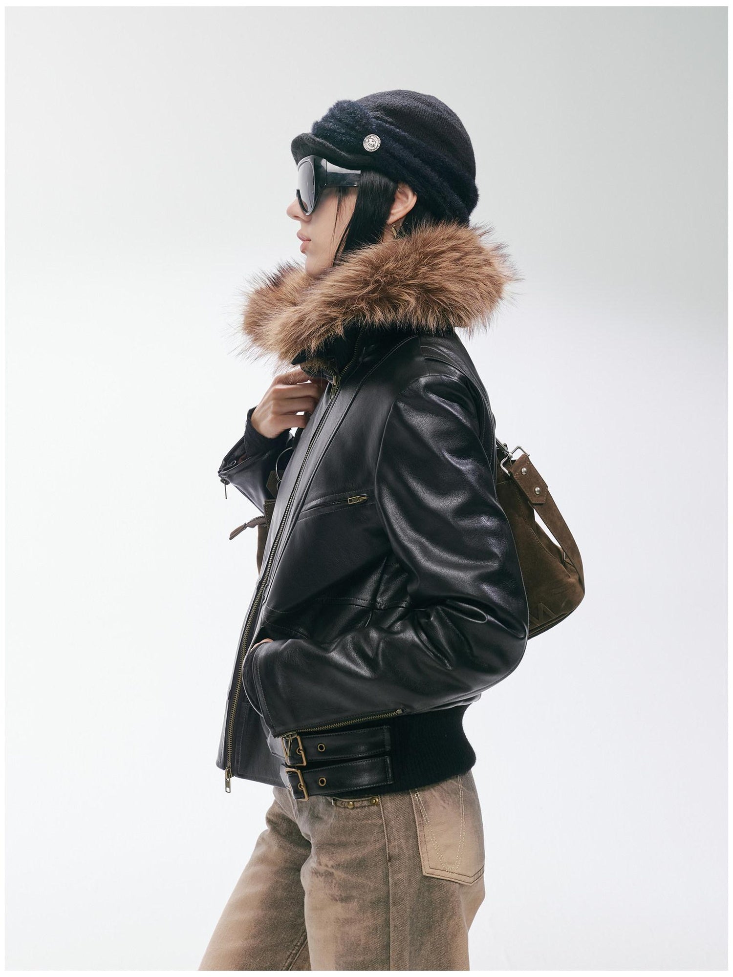 2th Desire Thick Detachable Fur Punk Straight Short Zipper Women Polyester Leather Jackets