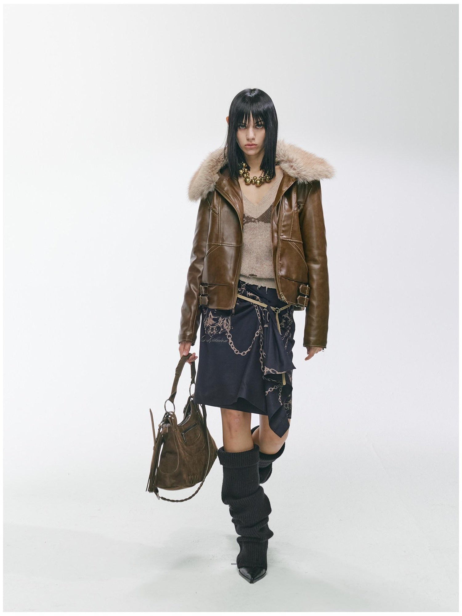 2th Desire Thick Detachable Fur Punk Straight Short Zipper Women Polyester Leather Jackets