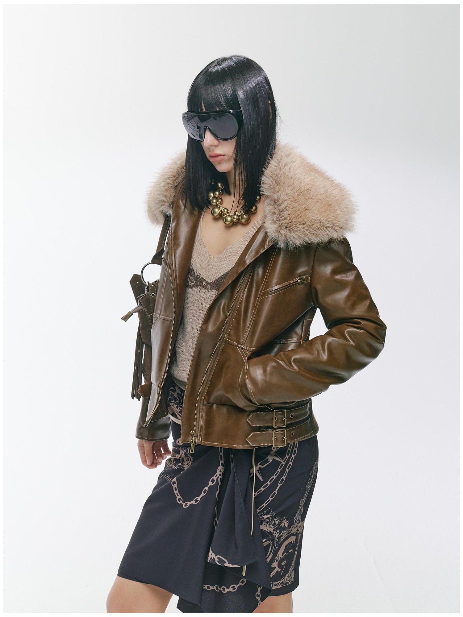 2th Desire Thick Detachable Fur Punk Straight Short Zipper Women Polyester Leather Jackets
