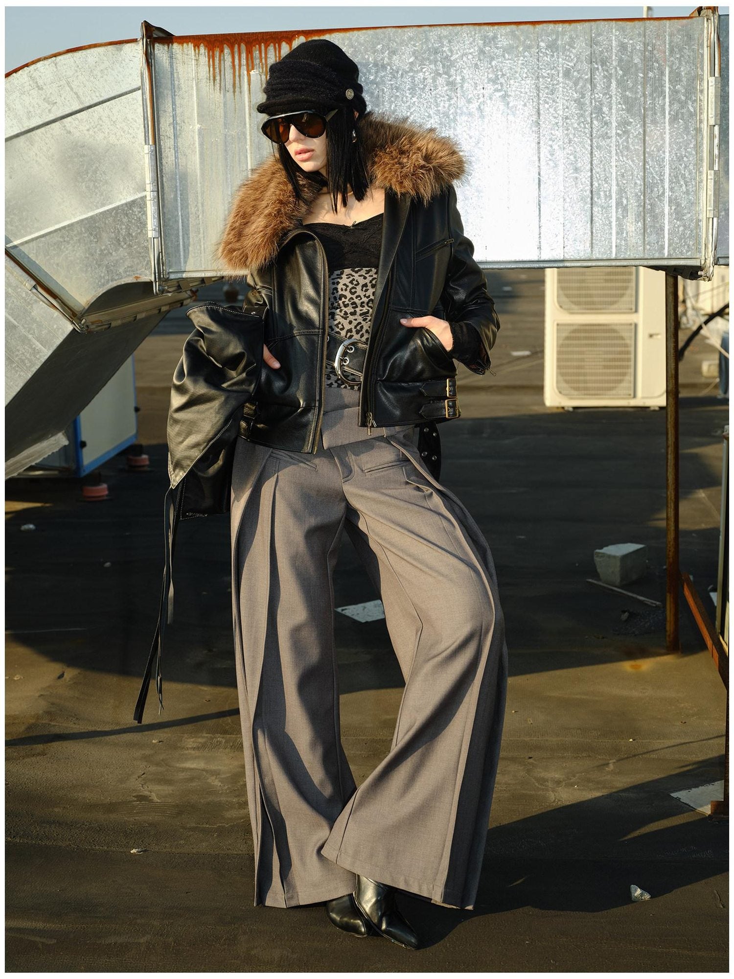 2th Desire Thick Detachable Fur Punk Straight Short Zipper Women Polyester Leather Jackets
