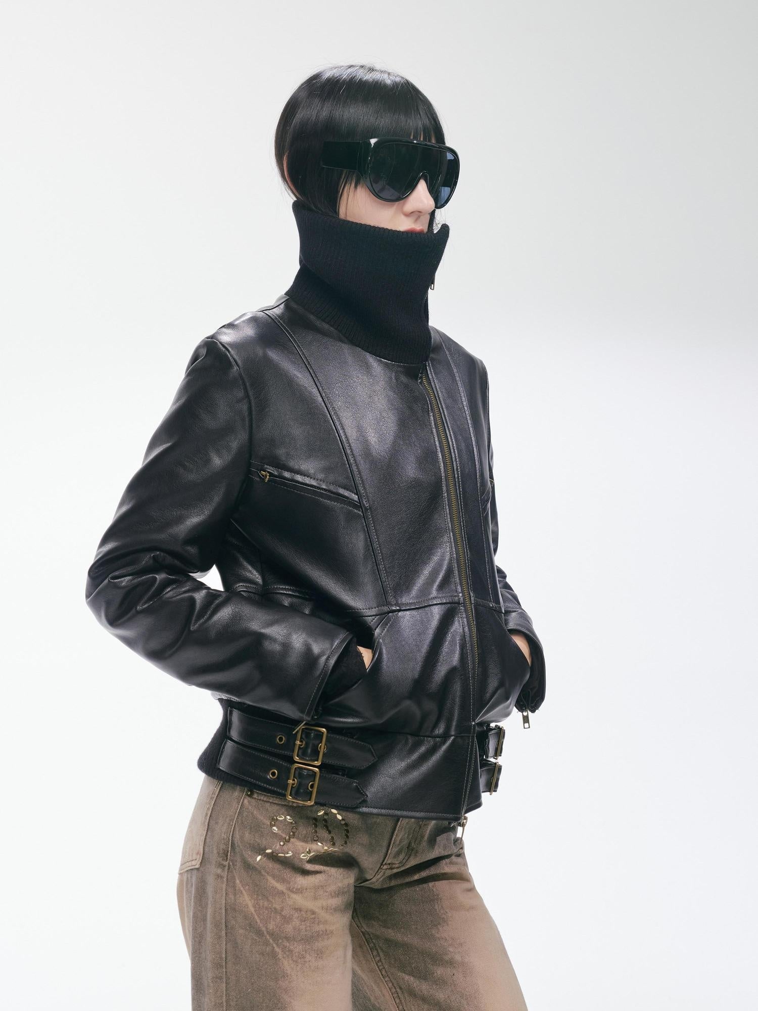 2th Desire Thick Detachable Fur Punk Straight Short Zipper Women Polyester Leather Jackets