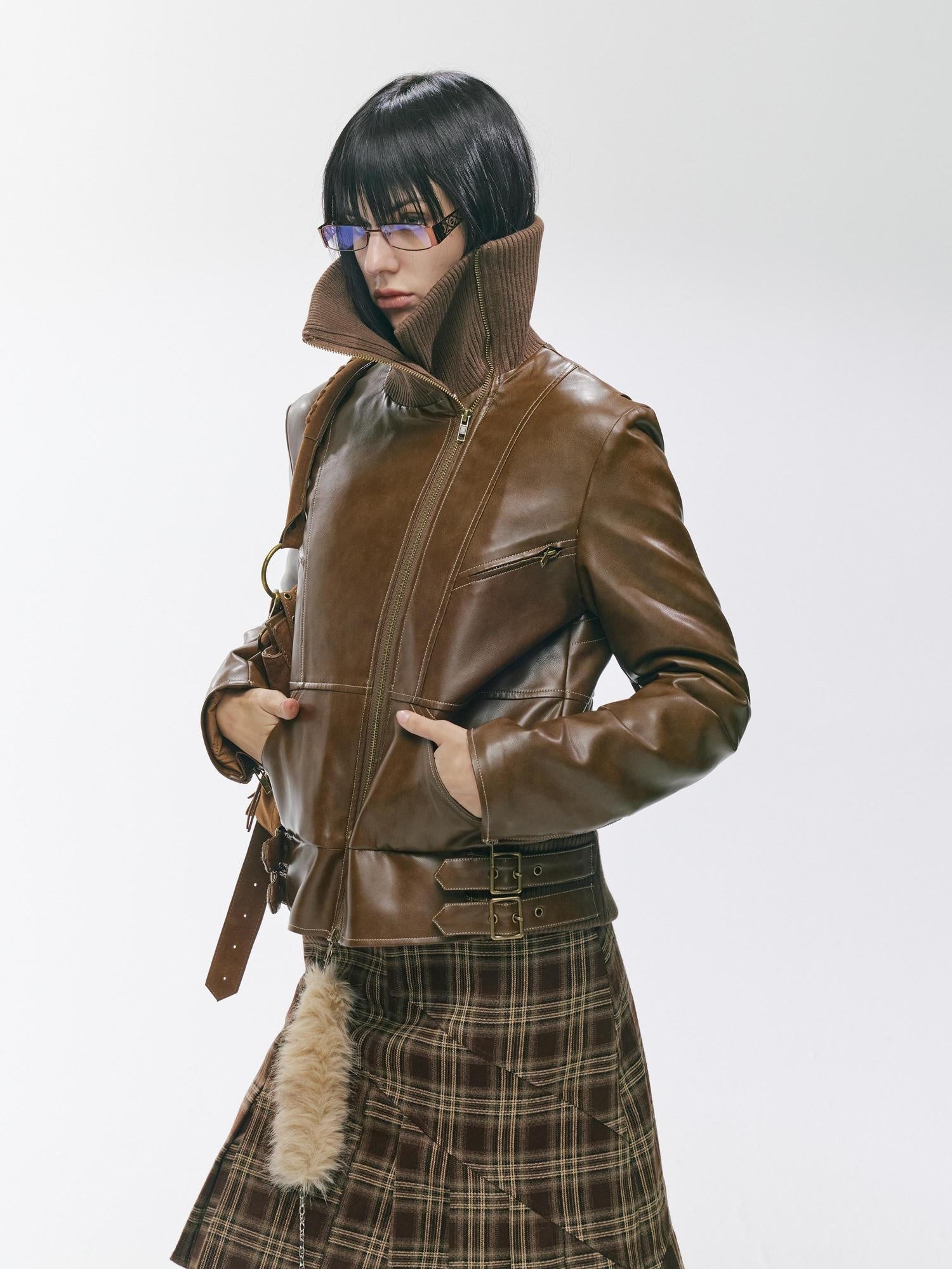 2th Desire Thick Detachable Fur Punk Straight Short Zipper Women Polyester Leather Jackets