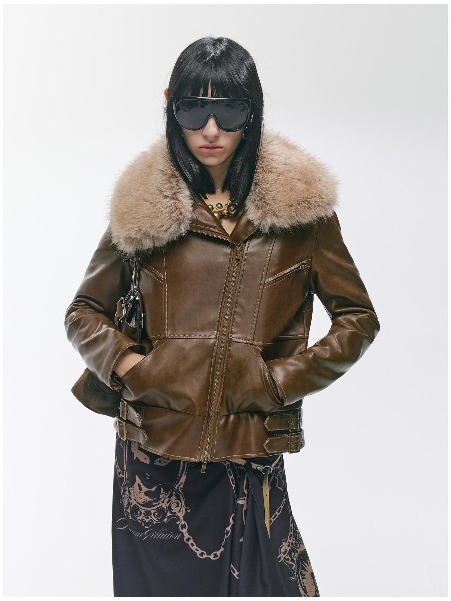 2th Desire Thick Detachable Fur Punk Straight Short Zipper Women Polyester Leather Jackets