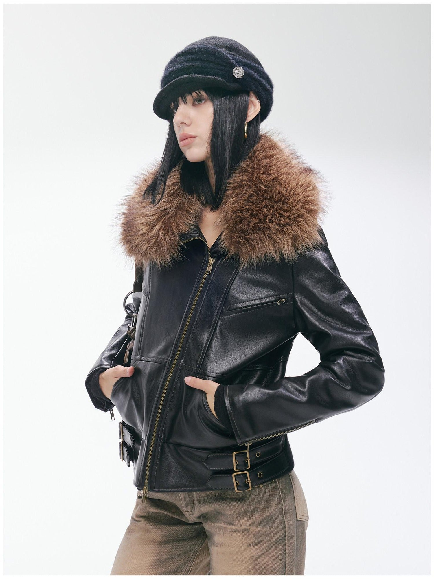 2th Desire Thick Detachable Fur Punk Straight Short Zipper Women Polyester Leather Jackets