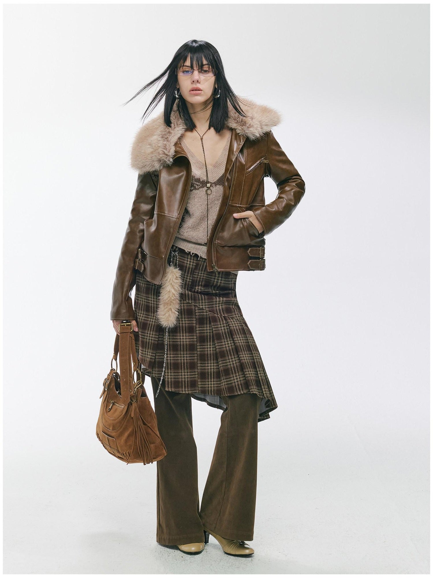 2th Desire Thick Detachable Fur Punk Straight Short Zipper Women Polyester Leather Jackets