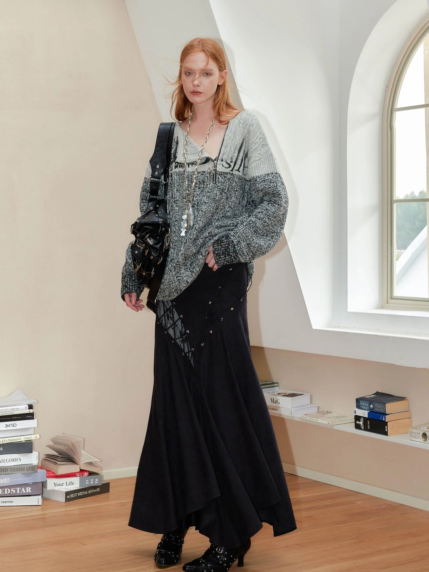 Vintage Abstract Print Oversized Zip Up Sweater