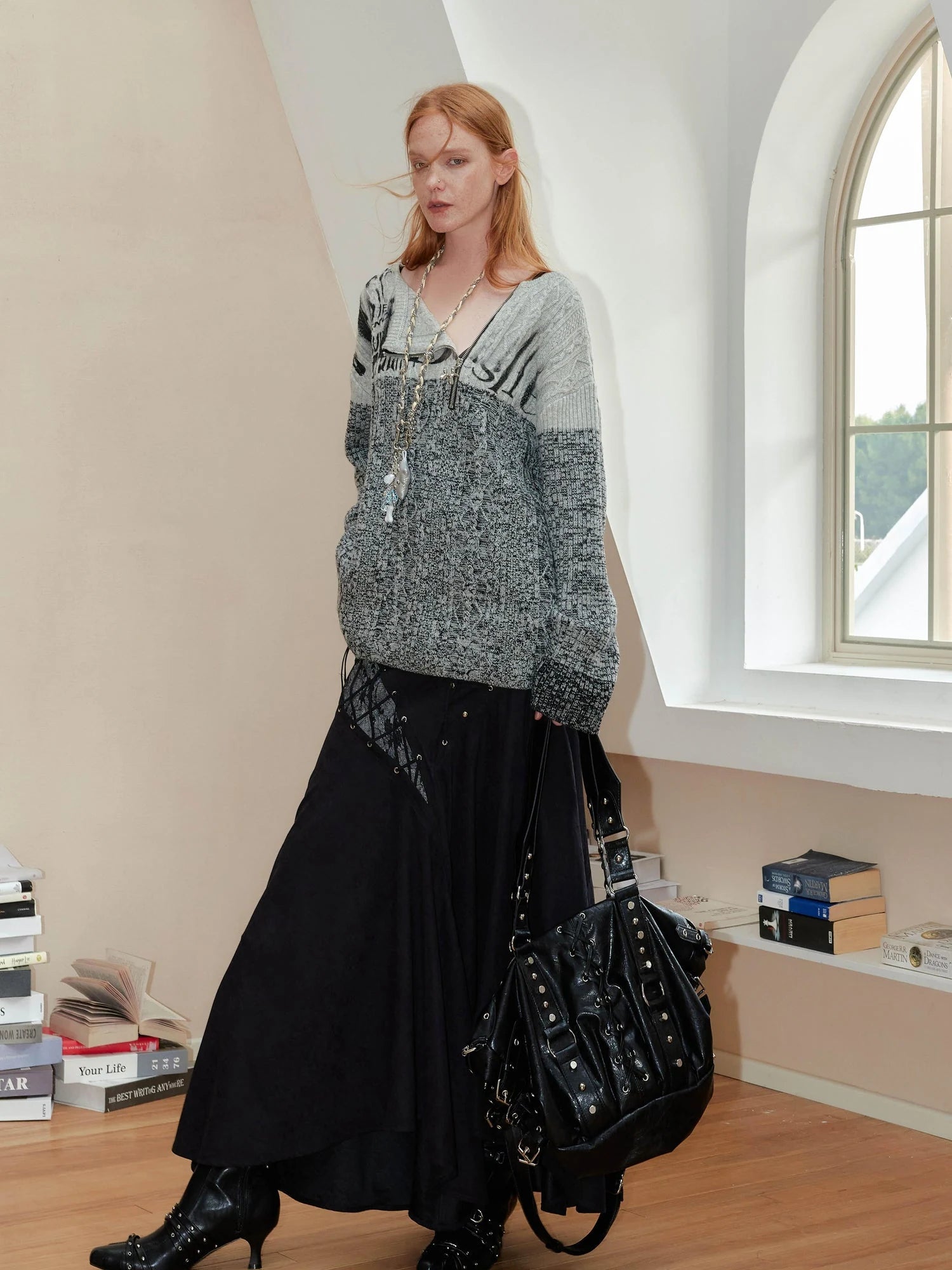 Vintage Abstract Print Oversized Zip Up Sweater