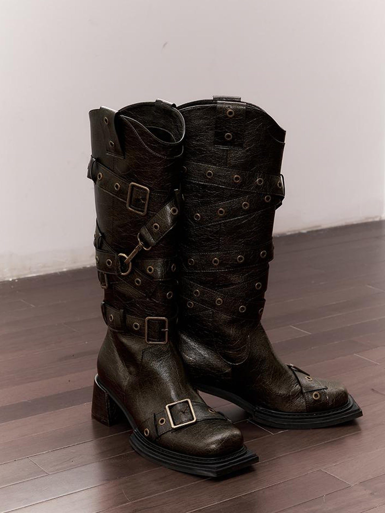 2th Desire Vintage Black Brown Chunky Heel Knee High Boots