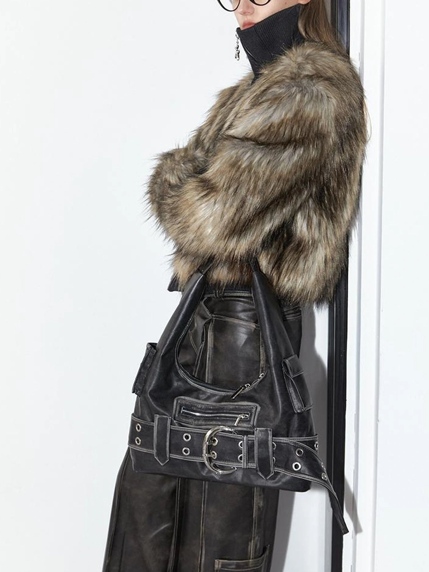 Vintage Black Faux Fur Ribbed Short Jacket