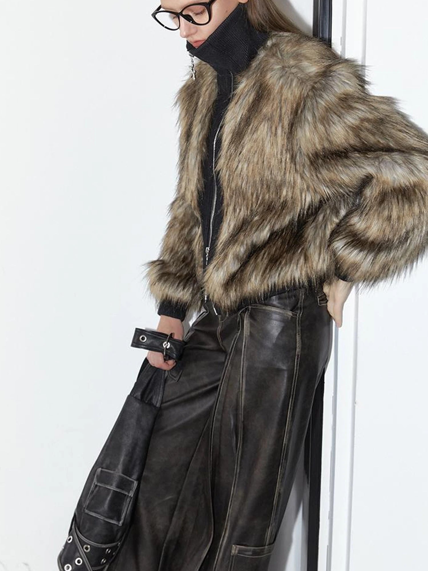 Vintage Black Faux Fur Ribbed Short Jacket