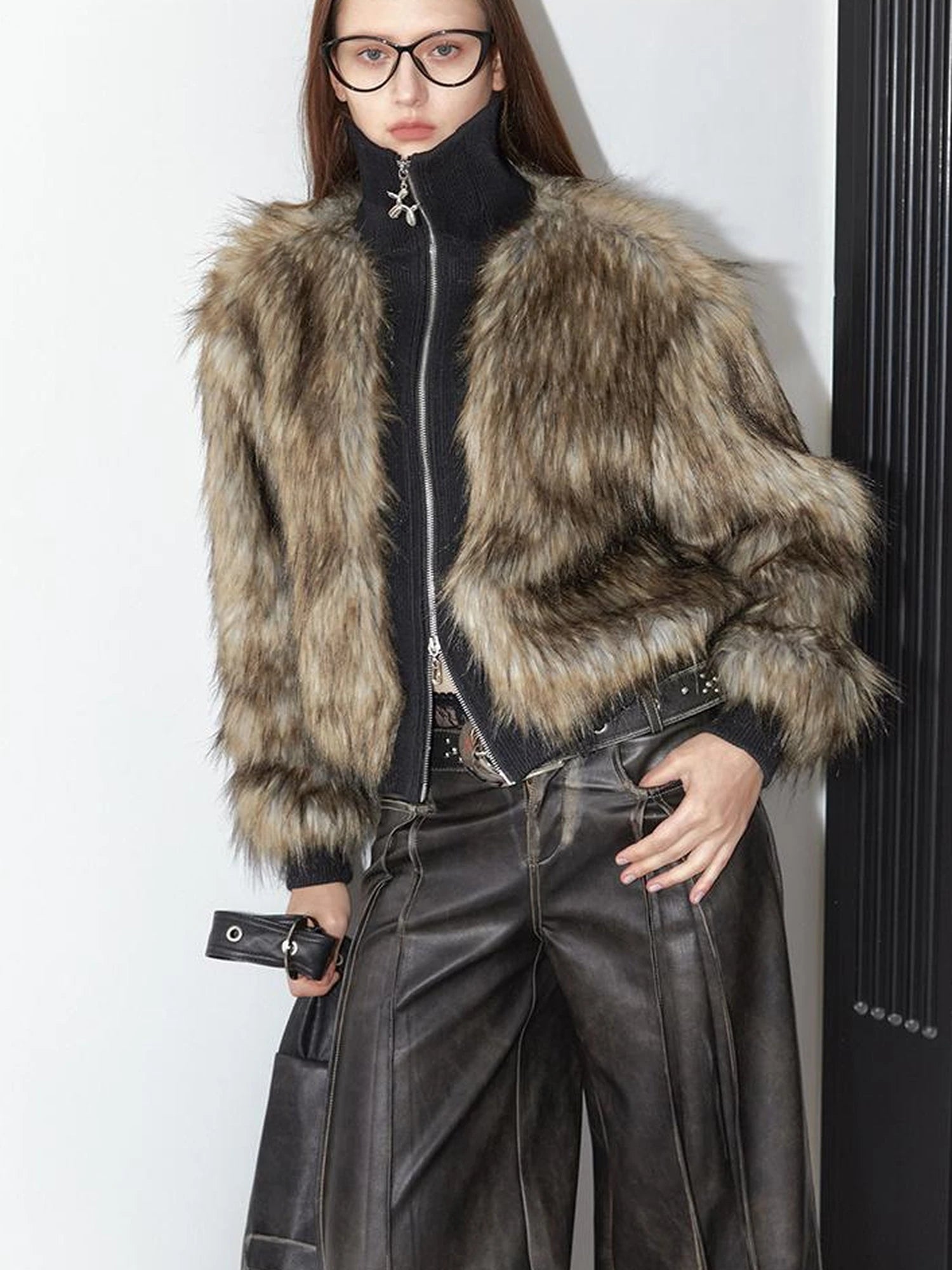 Vintage Black Faux Fur Ribbed Short Jacket